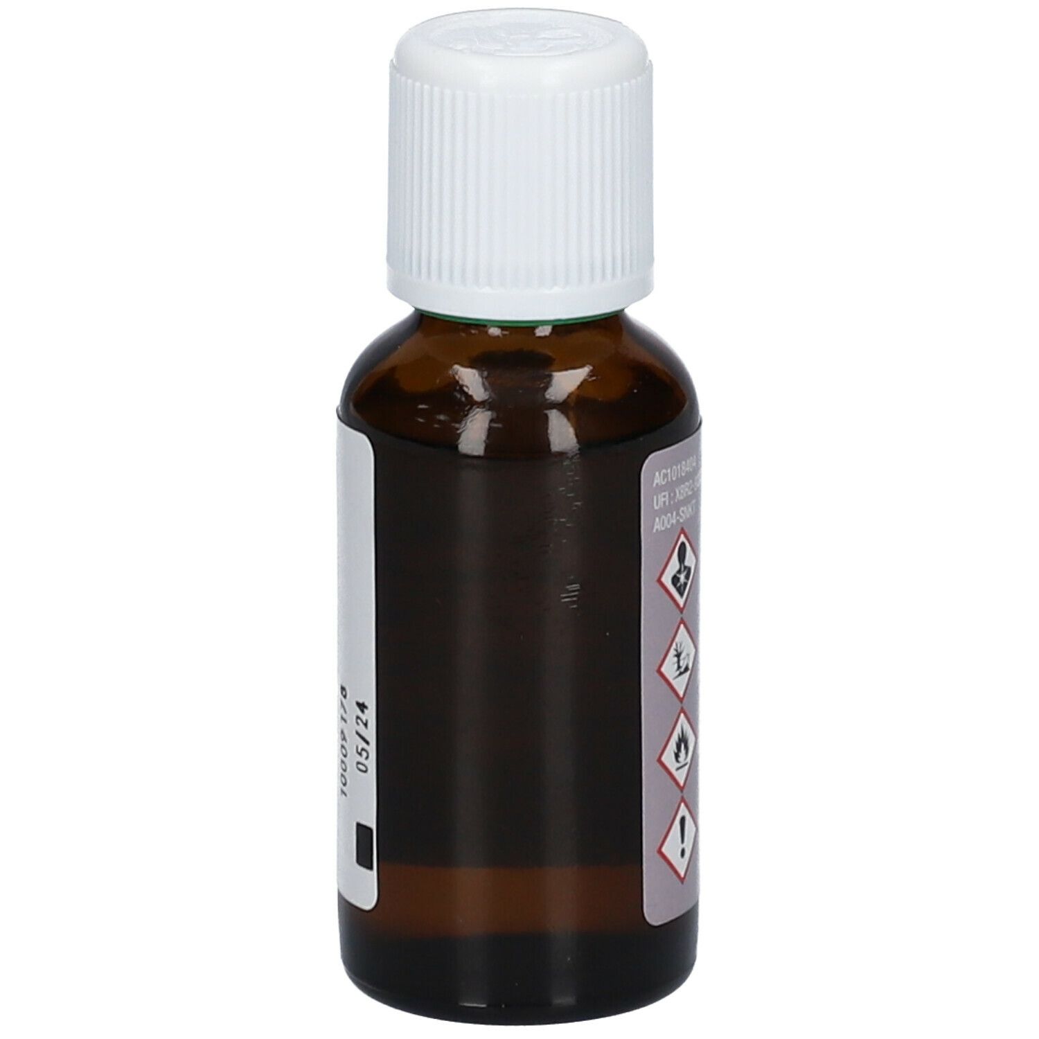 Flacon en verre brun avec bouchon blanc. Étiquette avec informations sur le produit et symboles d'avertissement. Date 05/24.