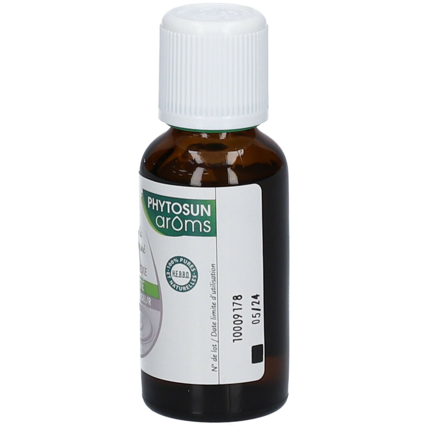 Flacon en verre brun avec bouchon blanc. Étiquette avec informations sur le produit, date 05/24 et texte. 100% huiles pures.