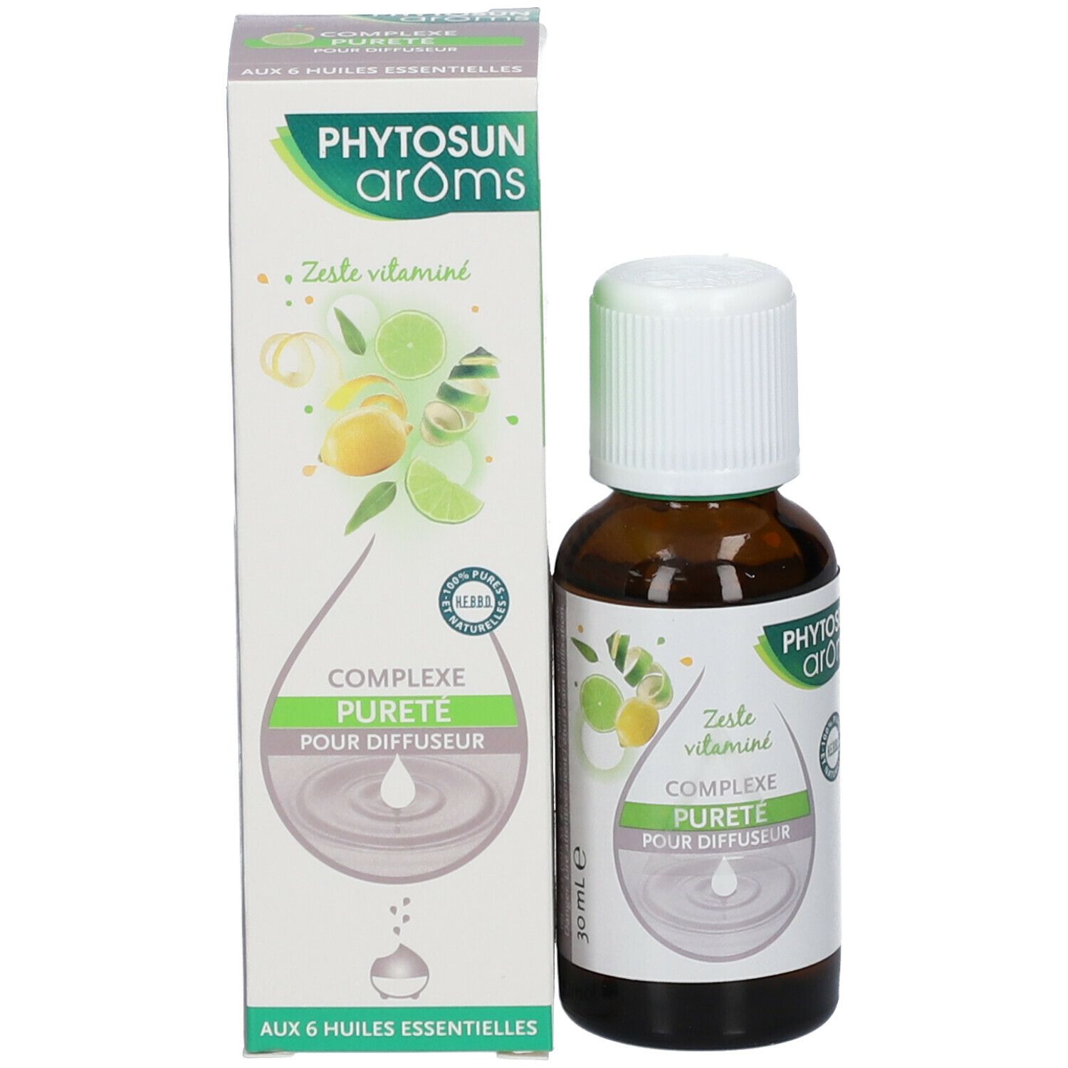 Flacon du produit à côté de l'emballage. Flacon en verre brun avec bouchon blanc. Emballage avec nom du produit et illustration.