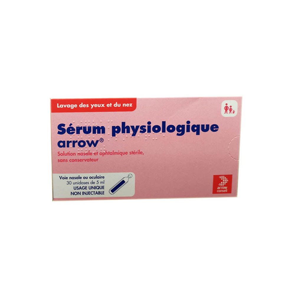 Roze doos 'Sérum physiologique arrow'. Bevat 30 unidoses. Voor oog- en neusspoeling. Enkelvoudig gebruik, niet injecteerbaar.
