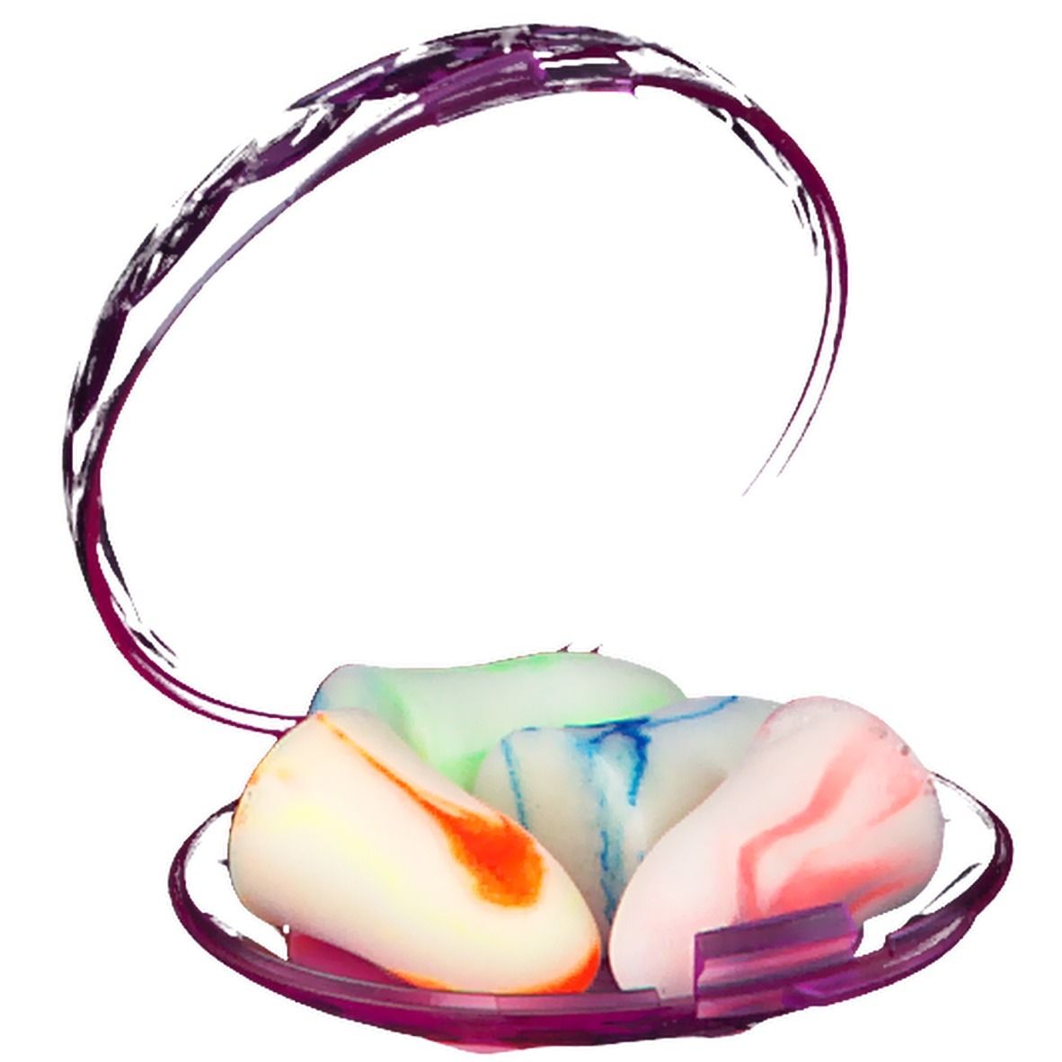 Bouchons d'oreille multicolores dans un étui transparent violet ouvert.
