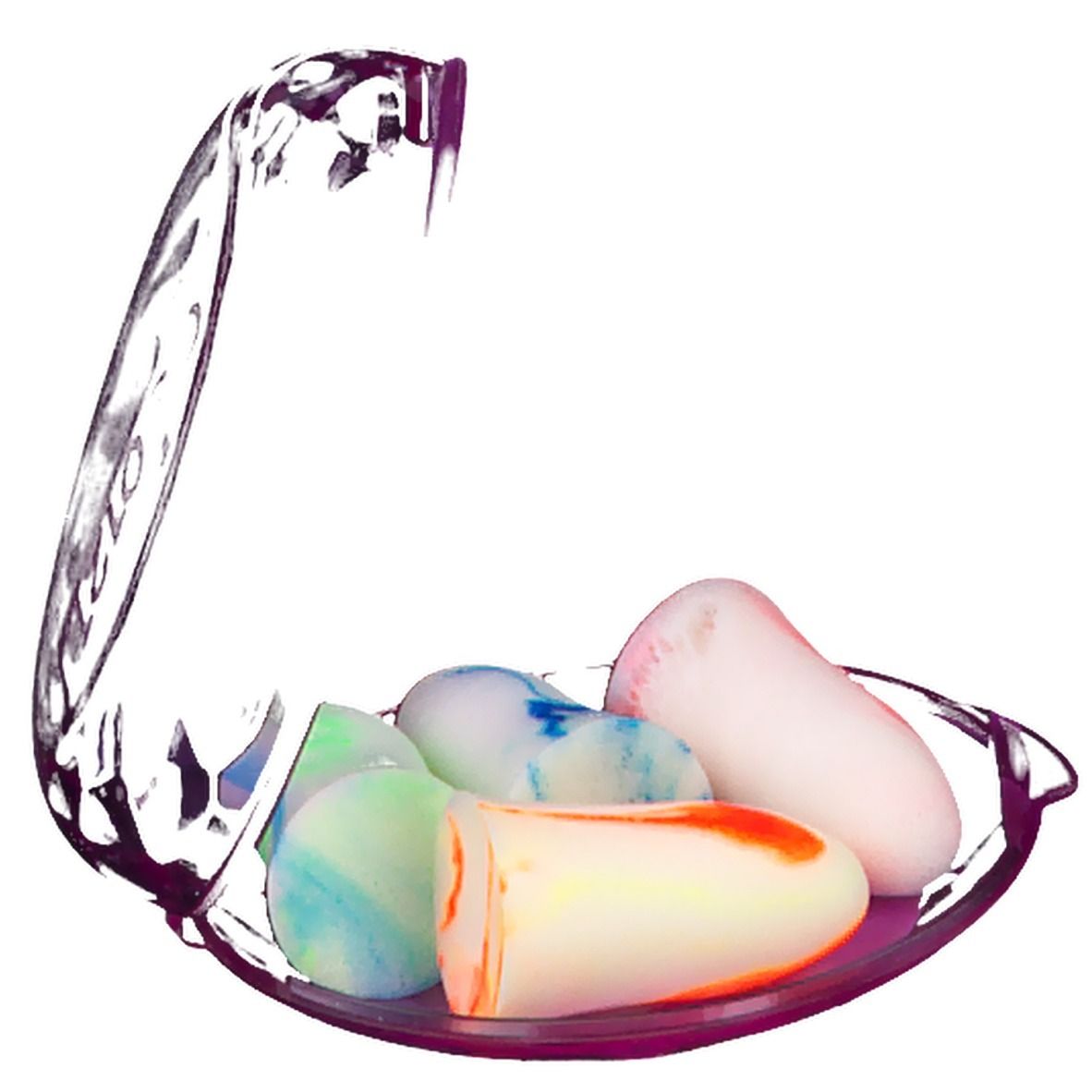 Bouchons d'oreille multicolores dans un étui transparent violet, à moitié ouvert.