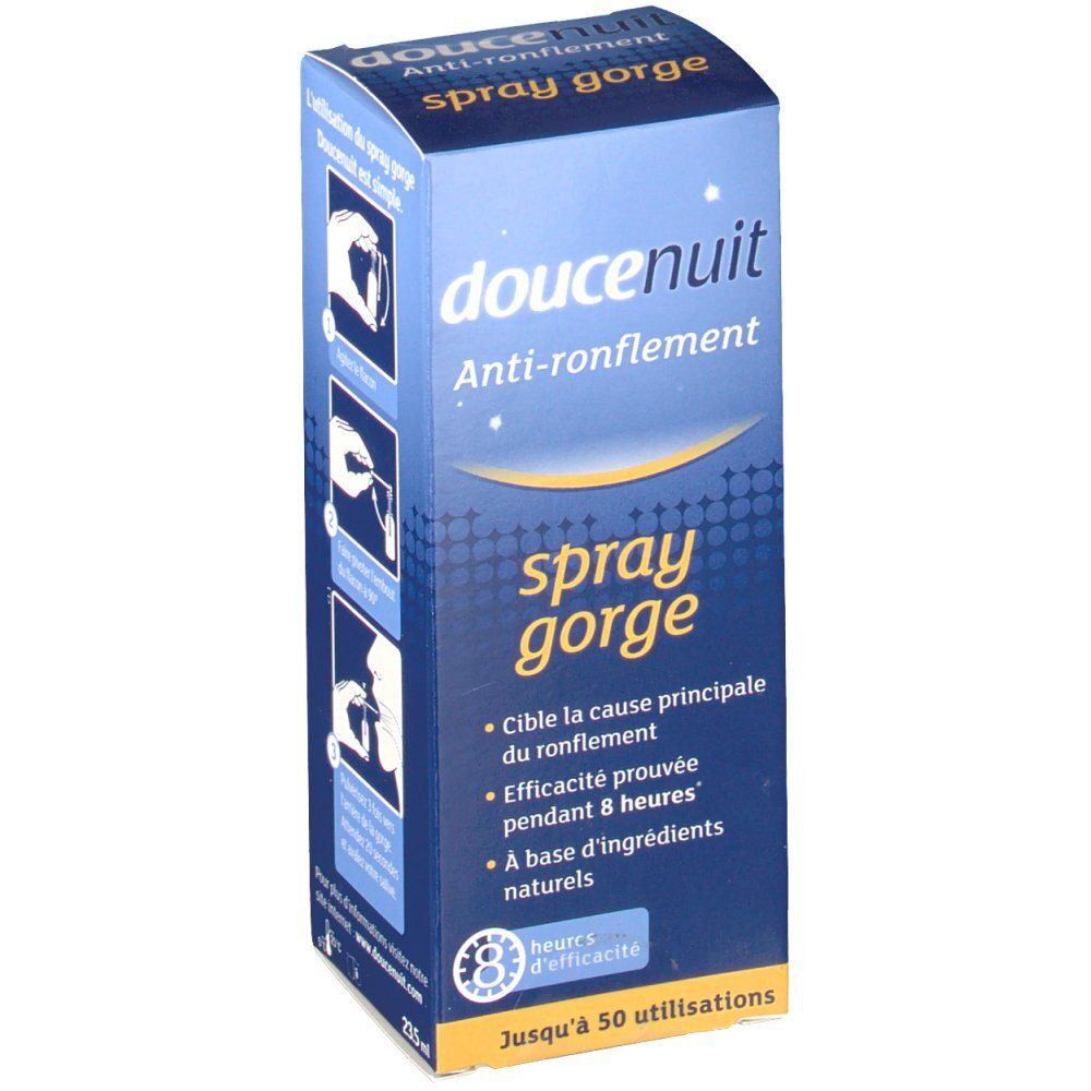 Boîte bleue et blanche avec nom du produit et inscription "Anti-ronflement". Texte en français. Contient des illustrations et des informations sur le produit.