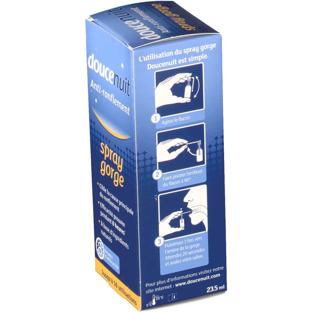Boîte avec illustrations de l'utilisation du produit. Texte en français. Montre les étapes d'utilisation du spray. Schéma de couleurs bleu et blanc.