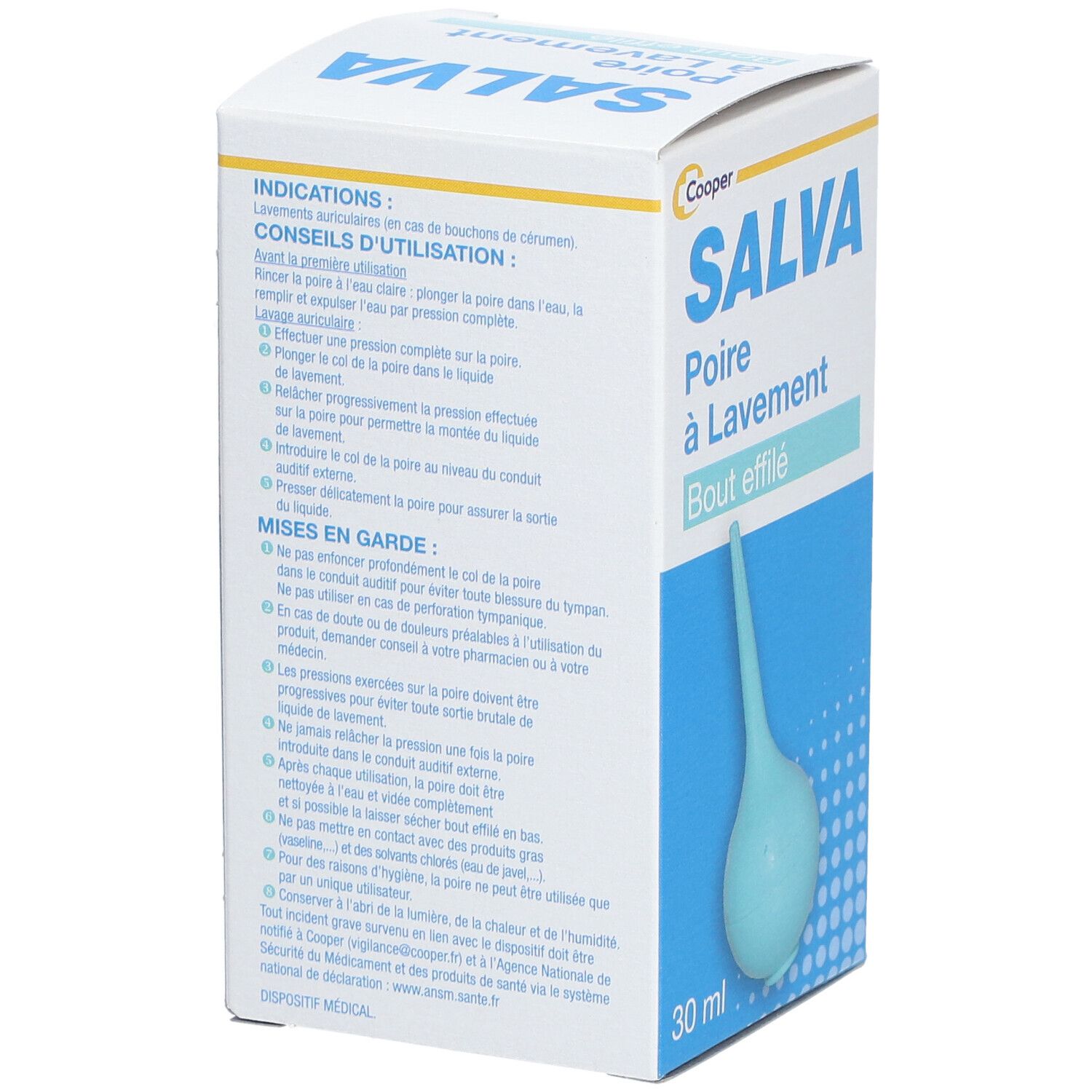 Doos Salva, peer met spitse punt. Blauwe peer, 30 ml. Tekst met indicaties en voorzorgsmaatregelen.