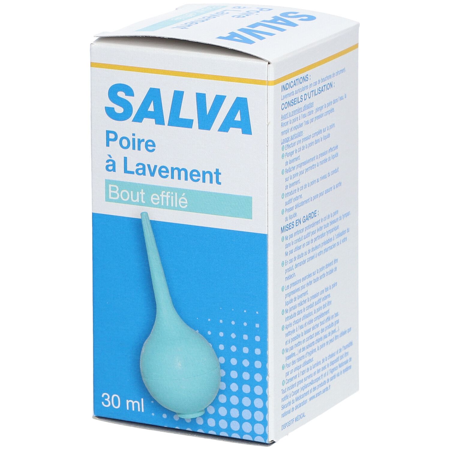 Doos Salva, peer met spitse punt. Blauwe peer, 30 ml. Tekst met indicaties en voorzorgsmaatregelen.