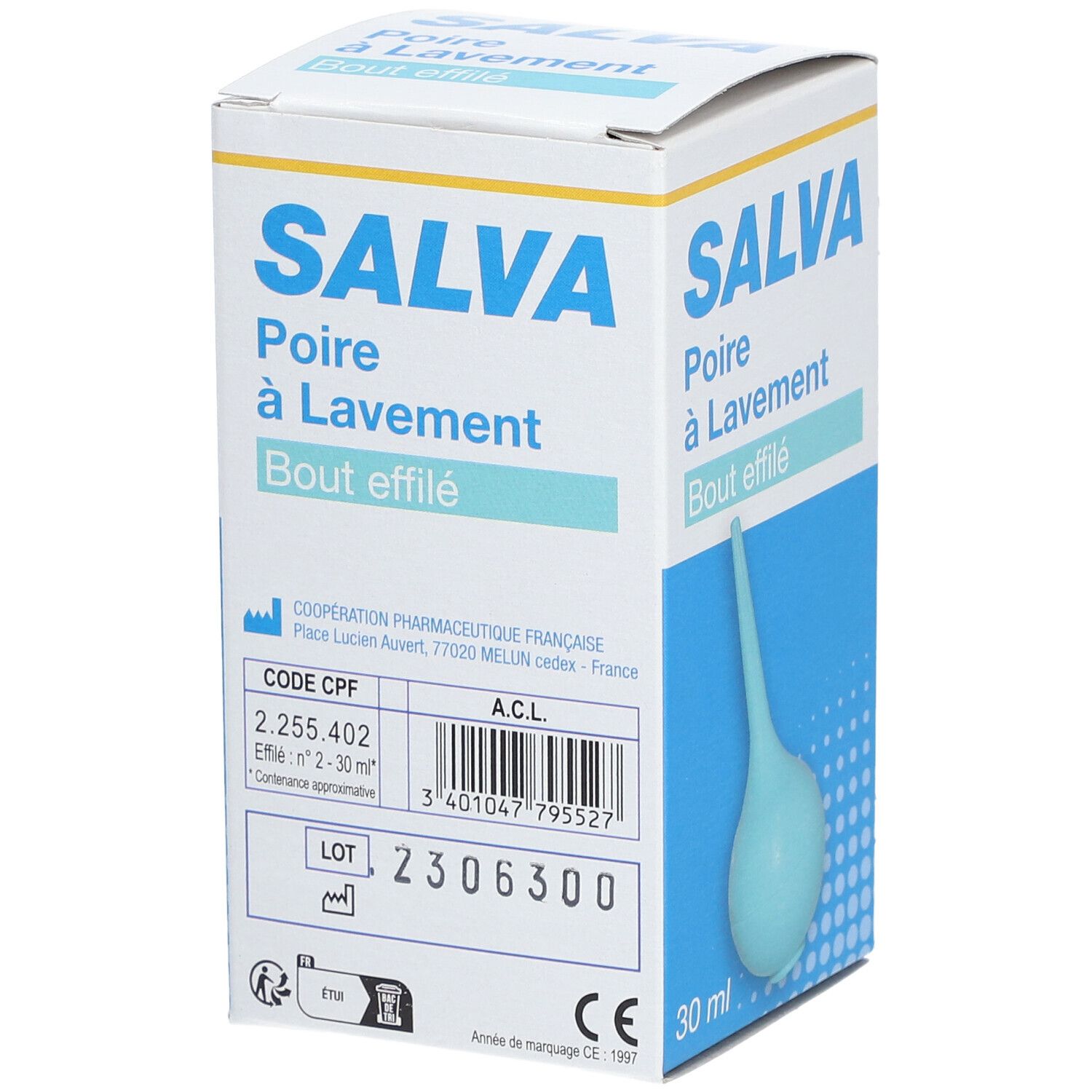 Doos Salva, peer met spitse punt. Blauwe peer, 30 ml. CPF-code, ACL, lotnummer, CE-markering.