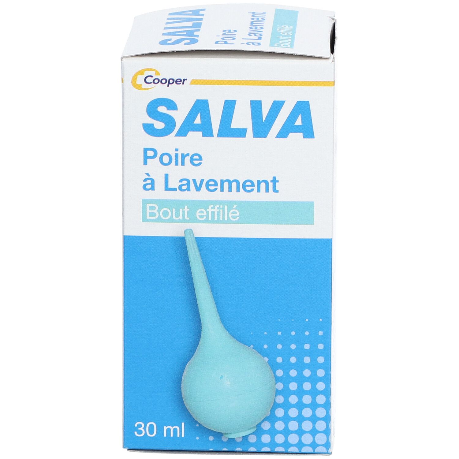 Doos Salva, peer met spitse punt. Blauwe peer, 30 ml. Merk Cooper.