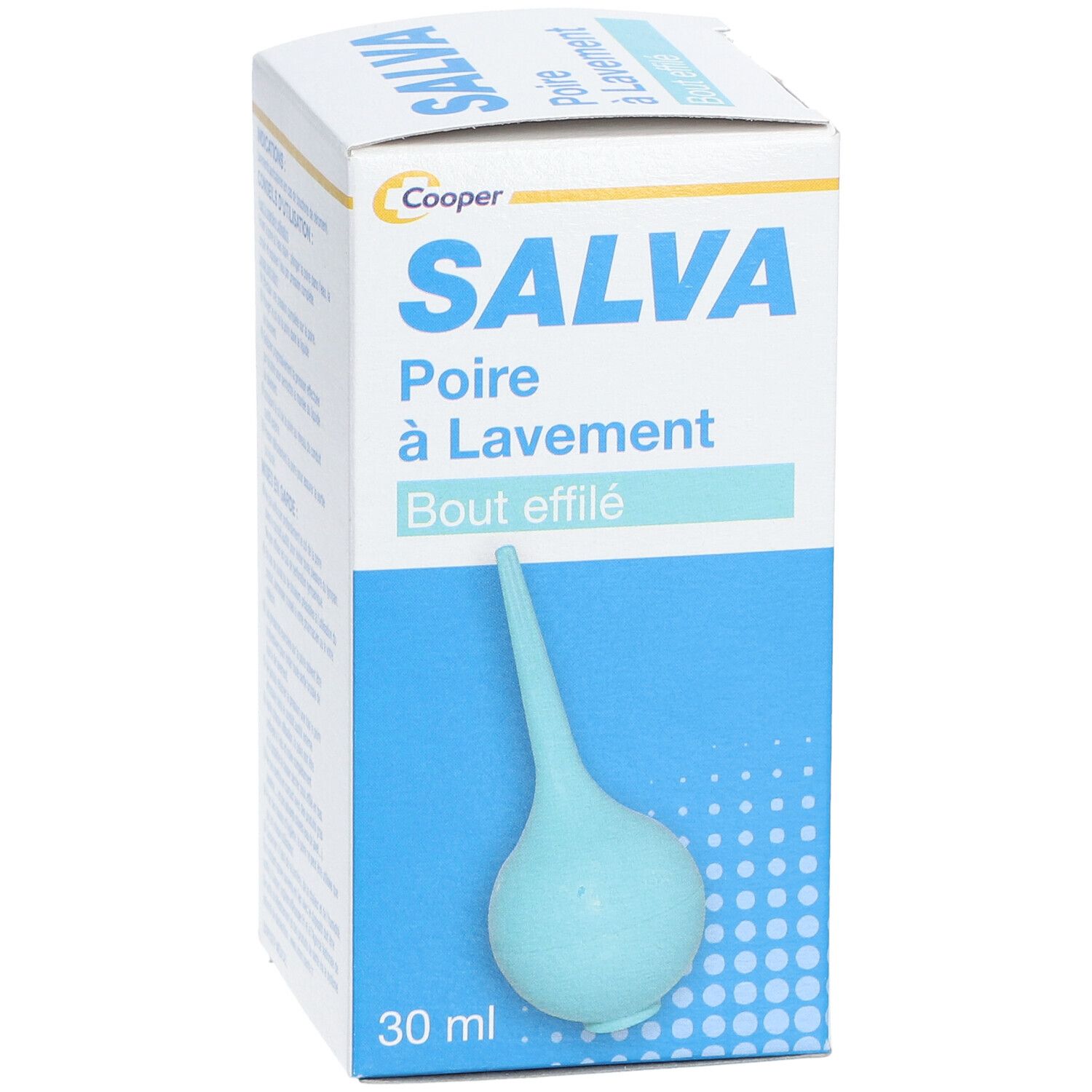 Doos Salva, peer met spitse punt. Blauwe peer, 30 ml. Merk Cooper.