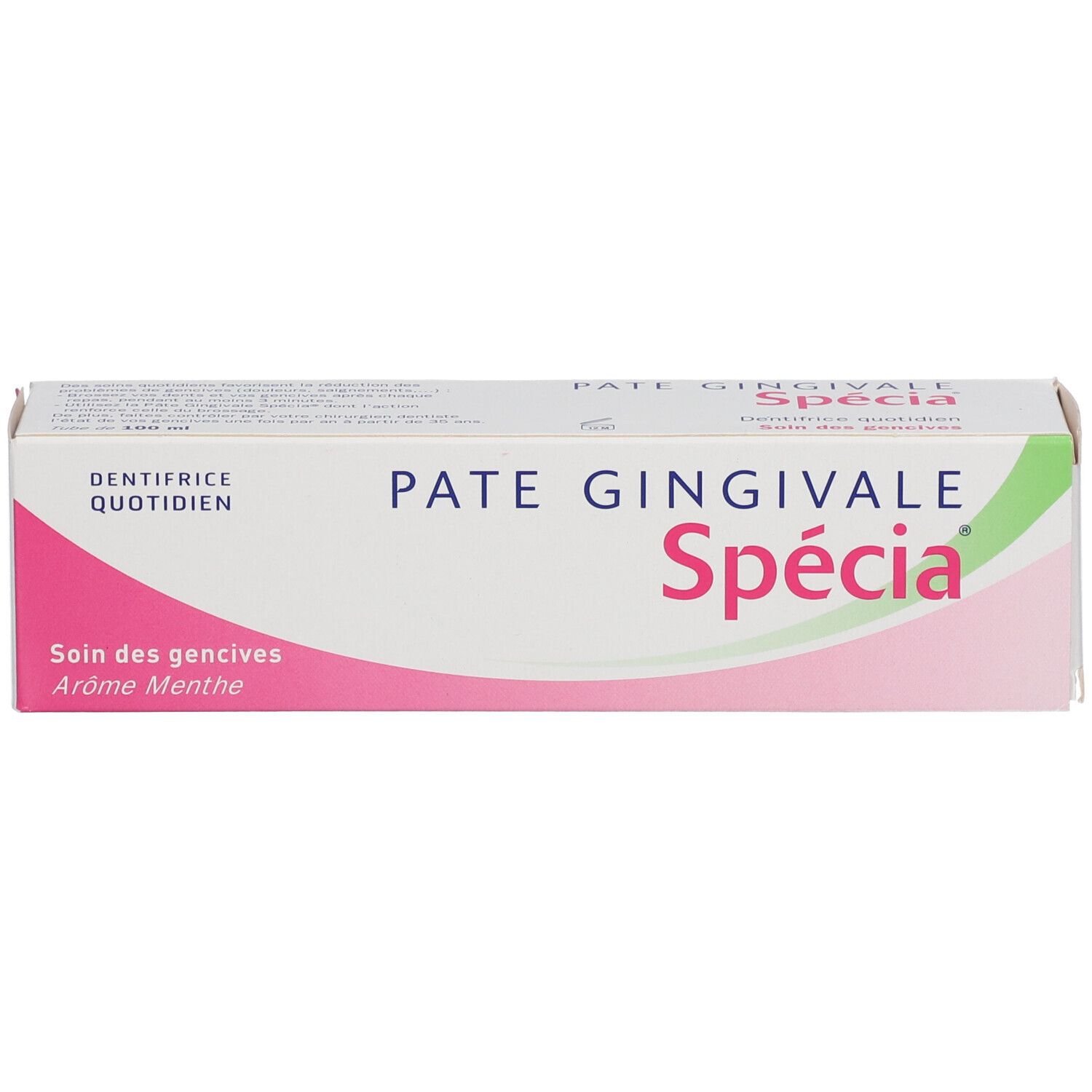 Boîte de dentifrice "Pâte Gingivale Spécia". Emballage blanc et rose. Texte "Soin des gencives" et "Arôme Menthe".