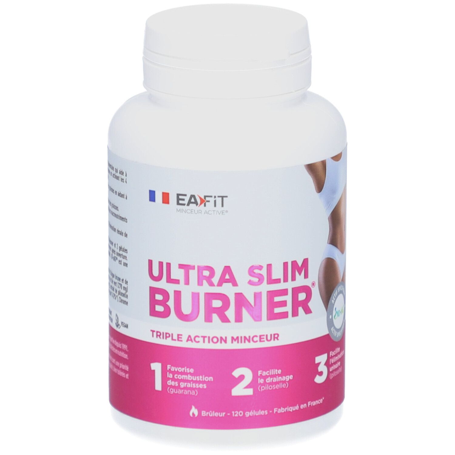 Witte fles met roze etiket. Opschrift: Ultra Slim Burner. Bevat 120 capsules. Merk: EA Fit.