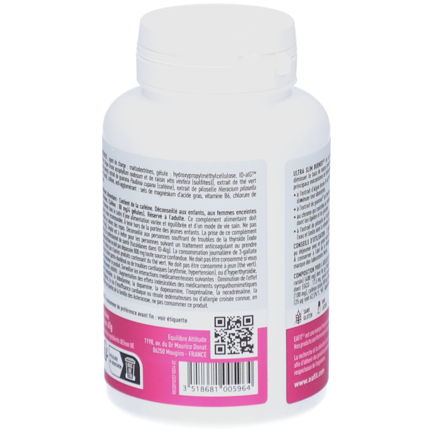 Achterkant van de witte fles. Detail van het etiket met tekst. QR-code en fabrikant informatie.