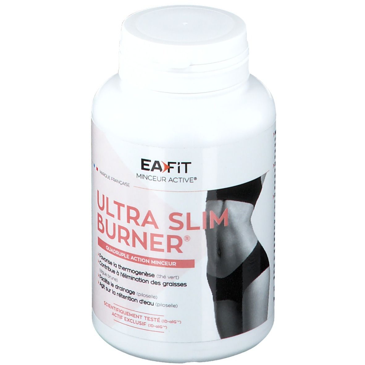 Witte fles met roze etiket. Opschrift: Ultra Slim Burner. Bevat 120 capsules. Merk: EA Fit.