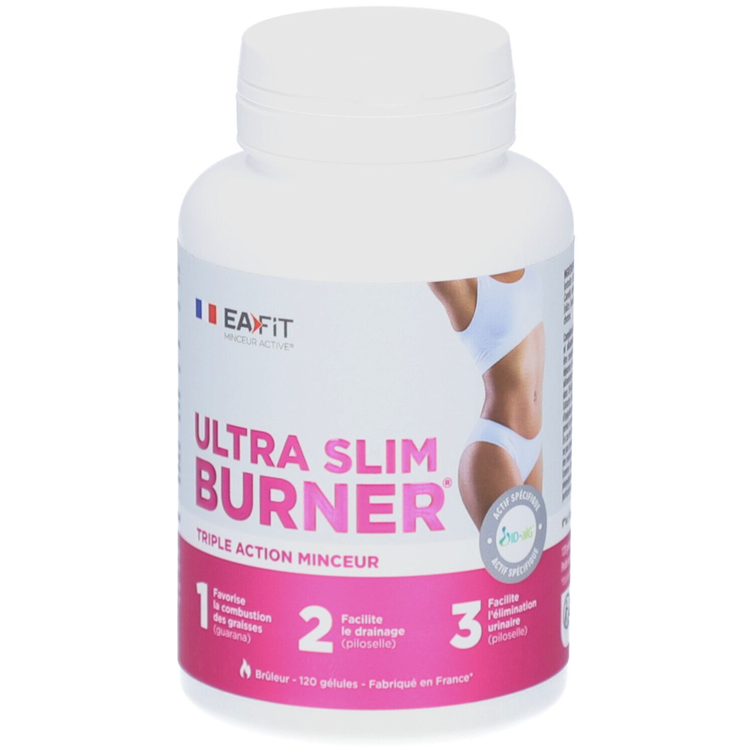 Witte fles met roze etiket. Opschrift: Ultra Slim Burner. Bevat 120 capsules. Merk: EA Fit.