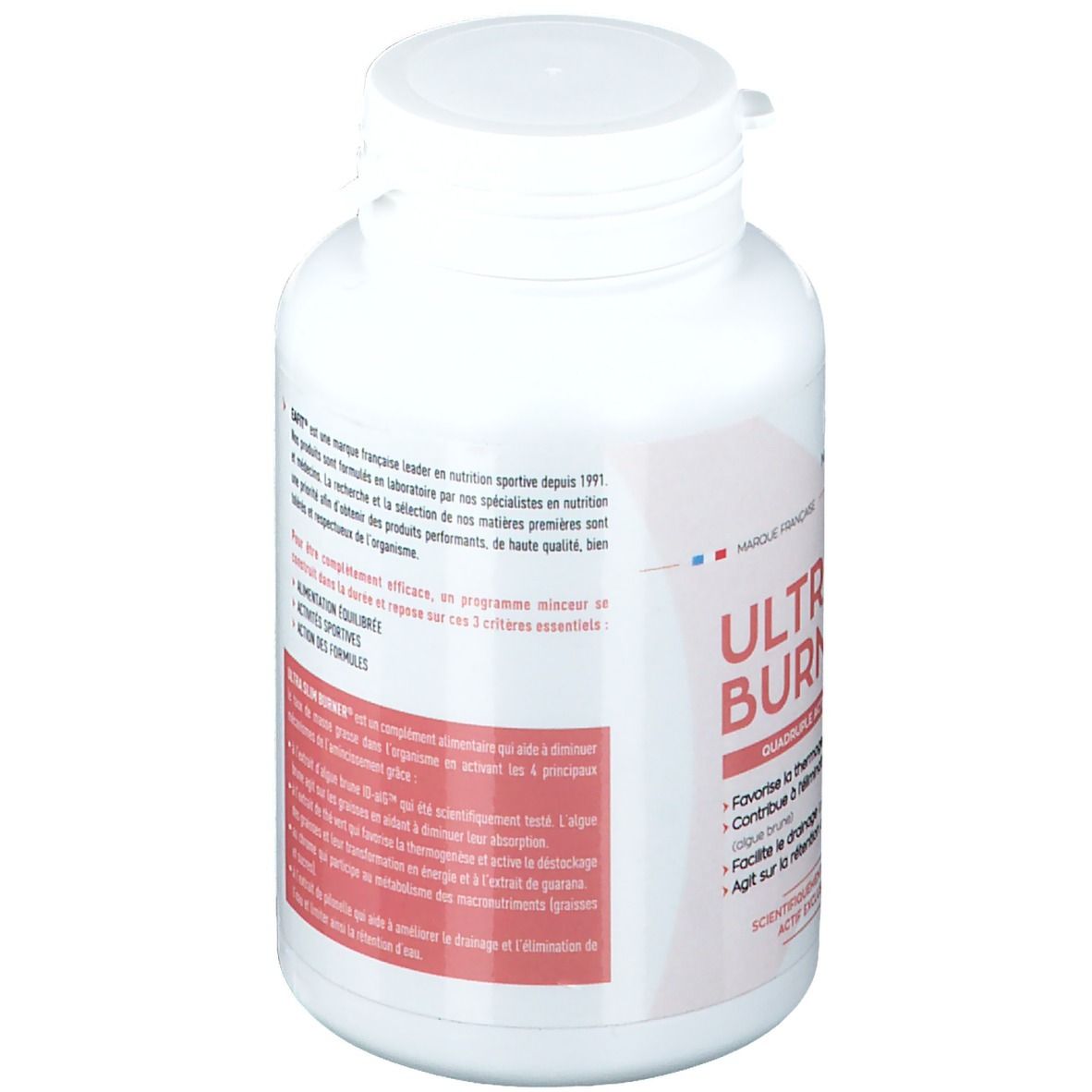 Witte fles met roze etiket. Opschrift: Ultra Slim Burner. Bevat 120 capsules. Merk: EA Fit.
