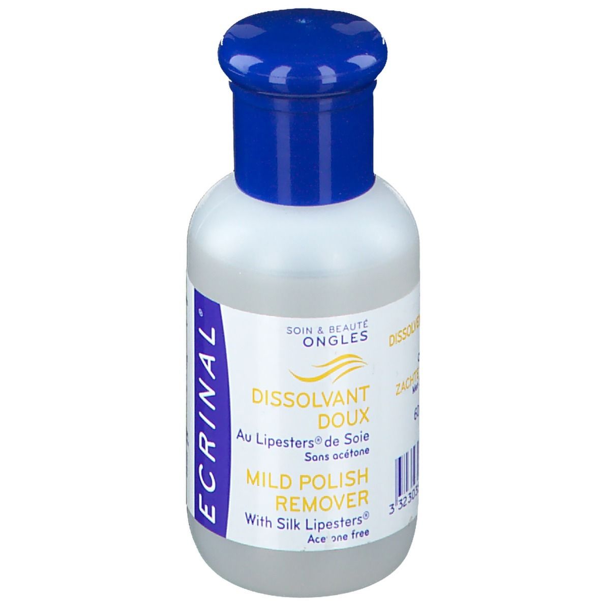 Flacon de dissolvant pour vernis à ongles, emballage bleu et blanc. Logo ECRINAL. Inscription: Mild Polish Remover, sans acétone.