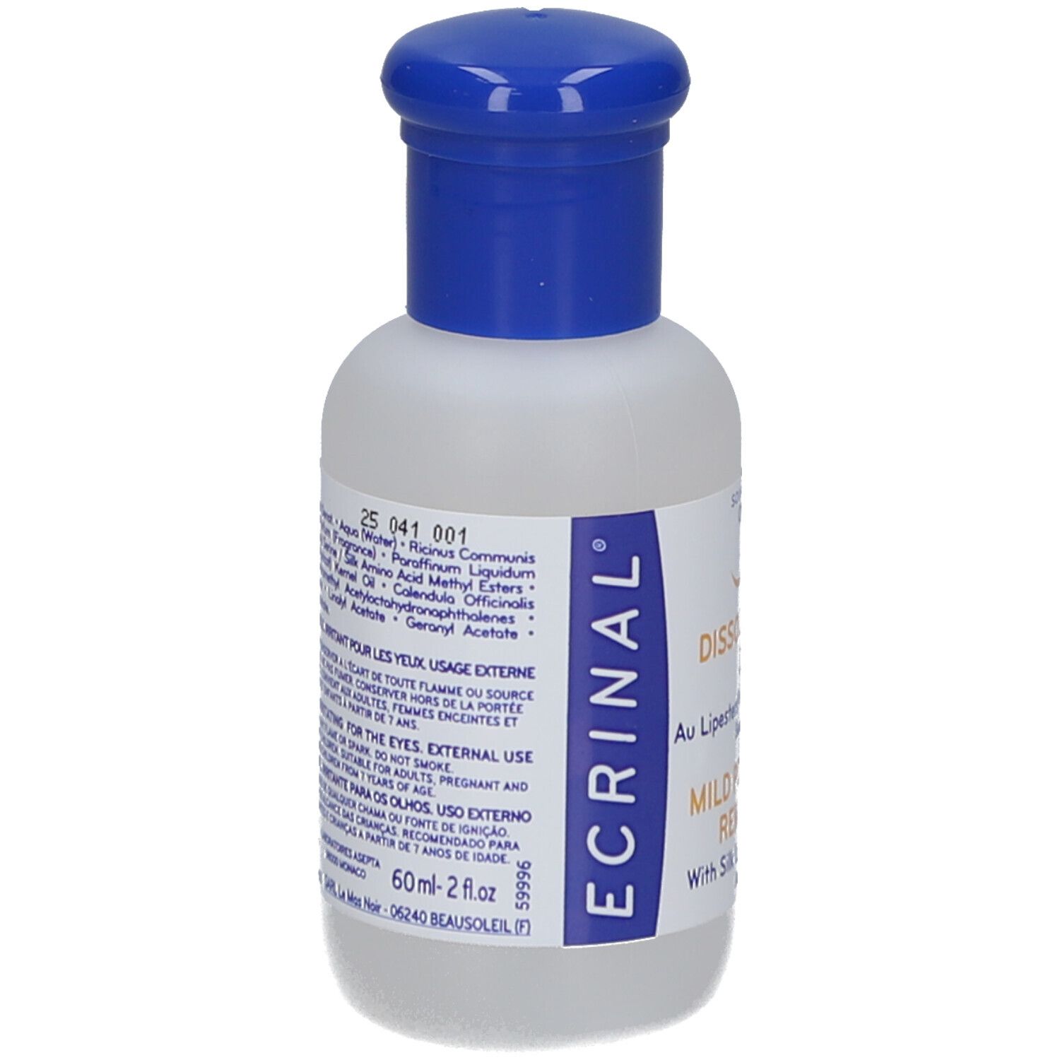 Flacon de dissolvant, emballage bleu et blanc. Inscription: Zachte Remover, 60ml. CNP: 6907410. Sans acétone.