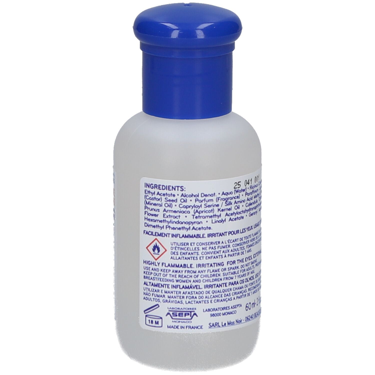 Dos du flacon de dissolvant. Ingrédients, avertissements et symbole de recyclage. 30 ml.