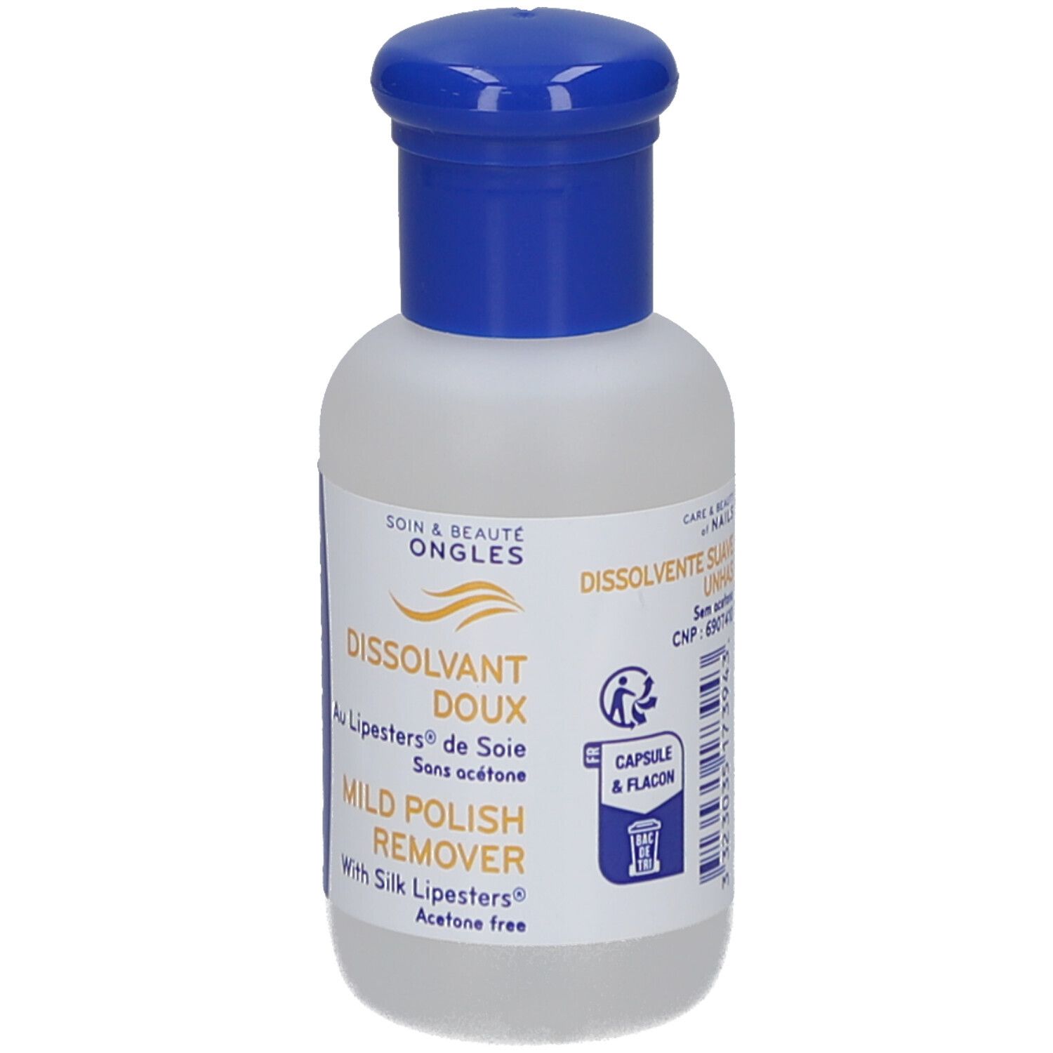 Flacon de dissolvant pour vernis à ongles, emballage bleu et blanc. Logo ECRINAL. Inscription: Mild Polish Remover, sans acétone.
