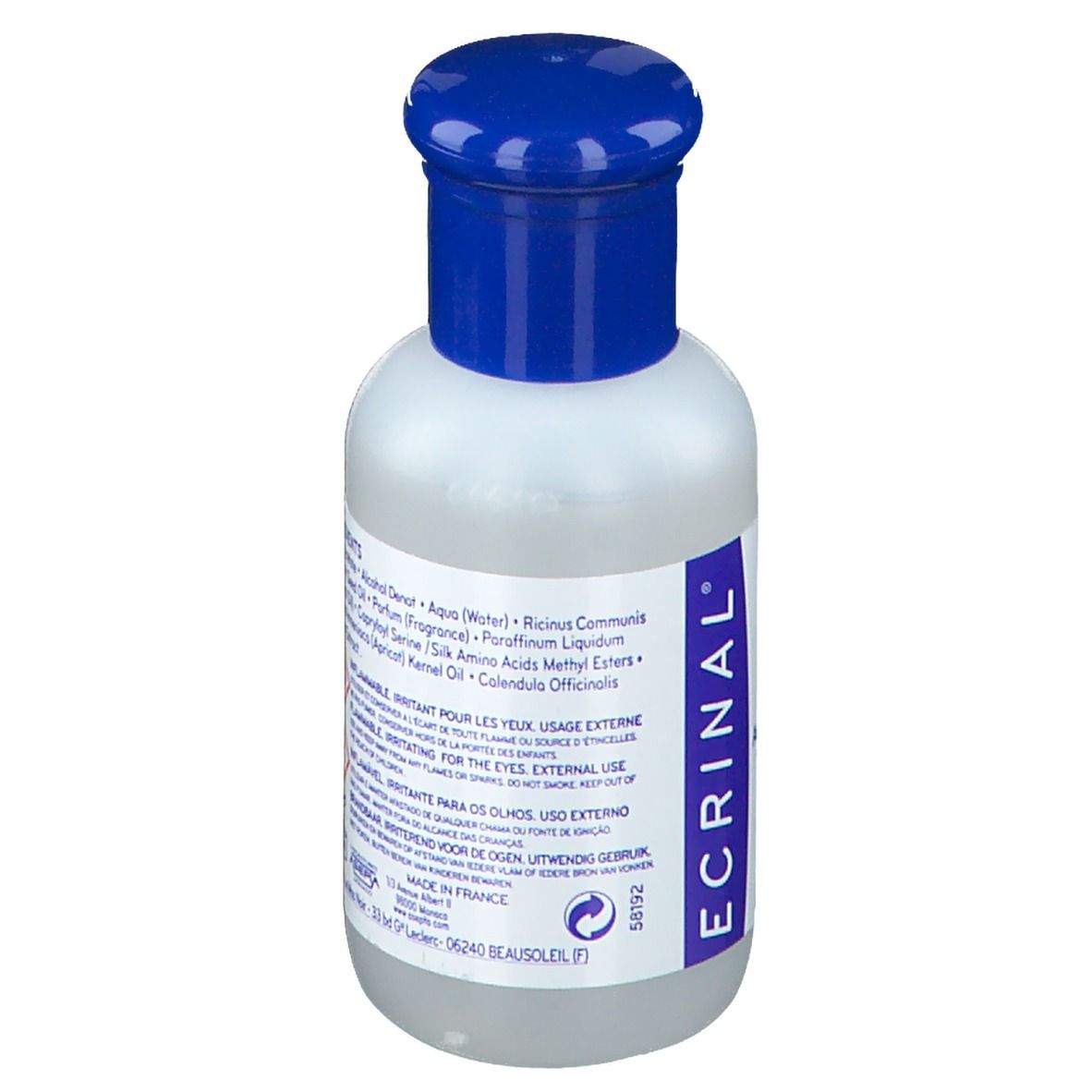 Flacon de dissolvant, emballage bleu et blanc. Inscription: Dissolvente Suave Unhas. CNP: 6907410.