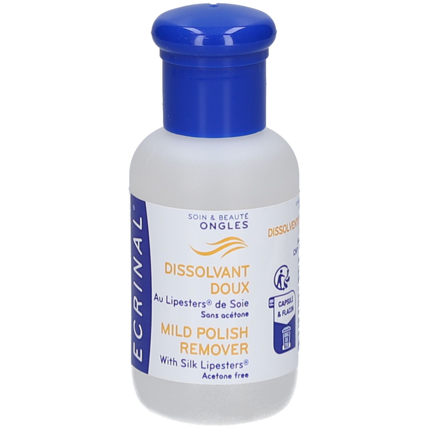Flacon de dissolvant pour vernis à ongles, emballage bleu et blanc. Logo ECRINAL. Inscription: Mild Polish Remover, sans acétone.