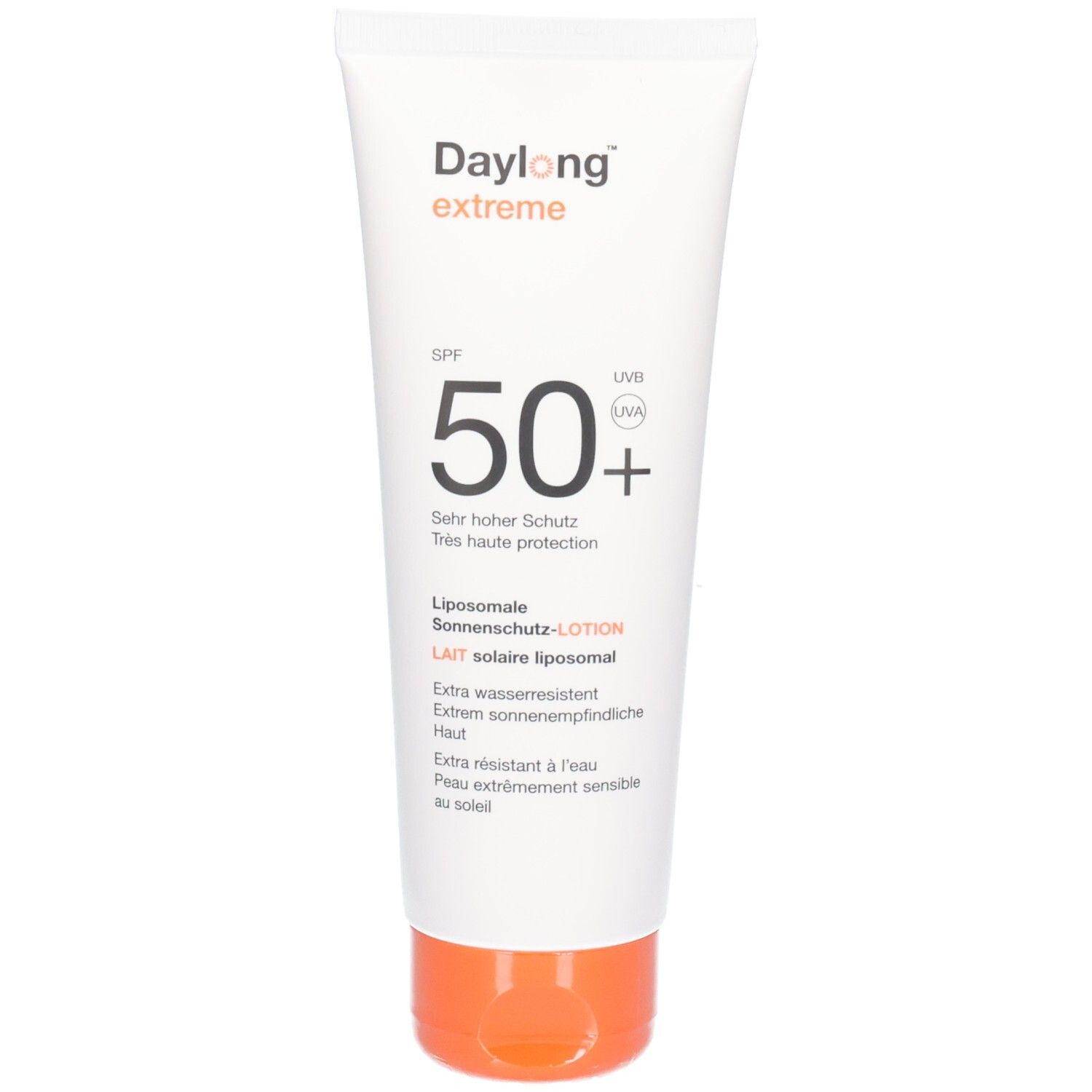 Witte tube met oranje dop. Opschrift: Daylong extreme, SPF 50+, Liposomale zonnebrandlotion.