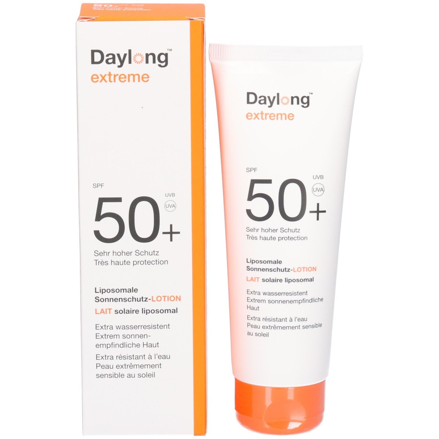 Productverpakking: tube en doos. Opschrift: Daylong extreme, SPF 50+, Liposomale zonnebrandlotion.