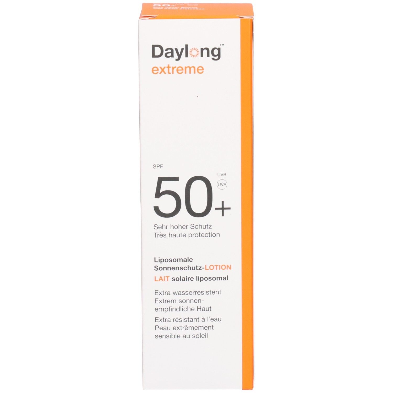 Doos met opschrift: Daylong extreme, SPF 50+, Liposomale zonnebrandlotion. Oranje-wit design.
