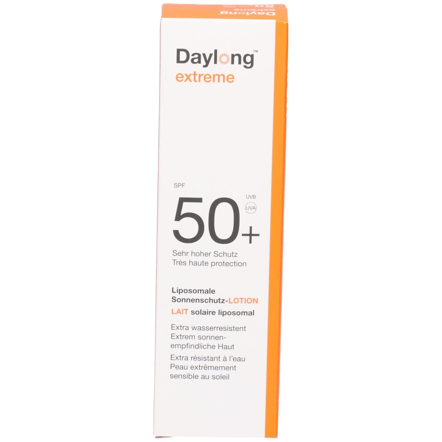 Doos met opschrift: Daylong extreme, SPF 50+, Liposomale zonnebrandlotion. Oranje-wit design.