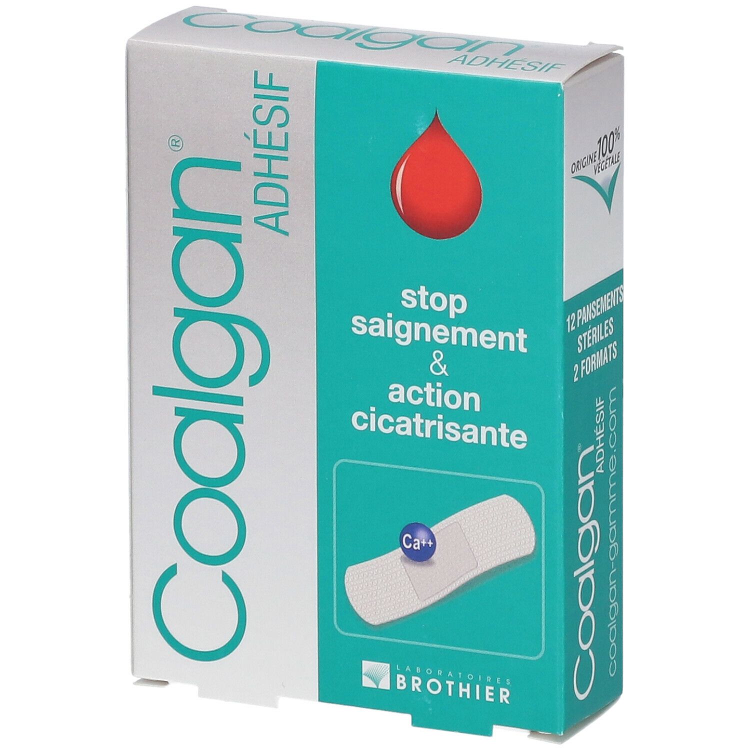 Verpakking Coalgan Adhésif. Turquoise en witte doos, rode druppel, pleister illustratie. Tekst: Stop saignement & action cicatrisante. 12 steriele verbanden.