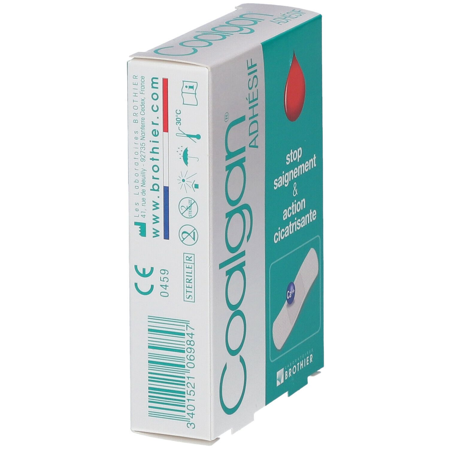 Coalgan Adhésif verpakking. Witte doos met turquoise elementen. Barcode, CE-markering, tekst: Stériles. Brothier logo. Website adres.