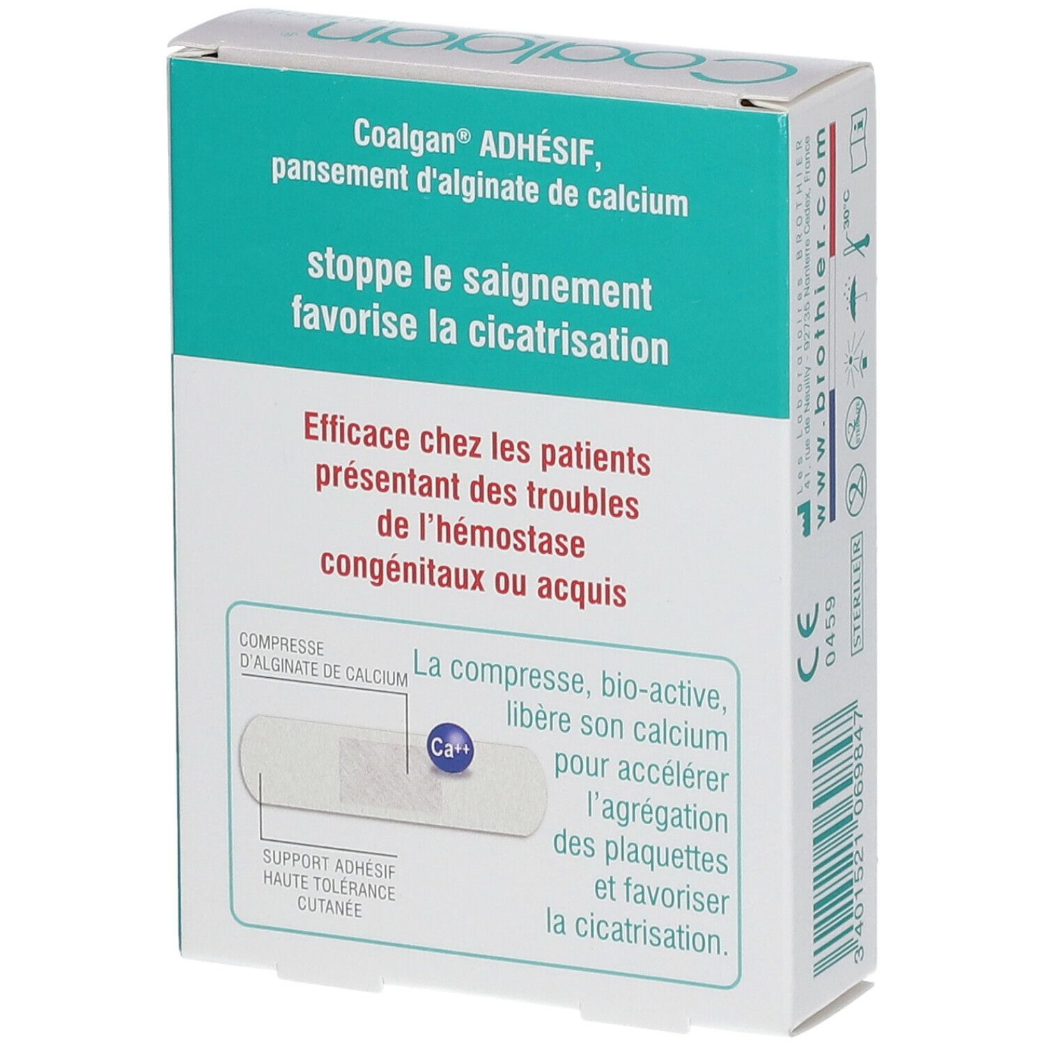 Achterkant Coalgan Adhésif verpakking. Tekst: stoppe le saignement, favorise la cicatrisation. Illustratie: calcium alginaat kompres. Tekst over hemostase.