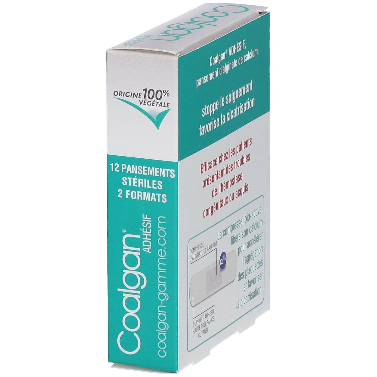 Coalgan Adhésif verpakking. Turquoise en witte doos. Tekst: 12 steriele verbanden, 2 formaten. Tekst: origine 100% végétale. Coalgan logo.