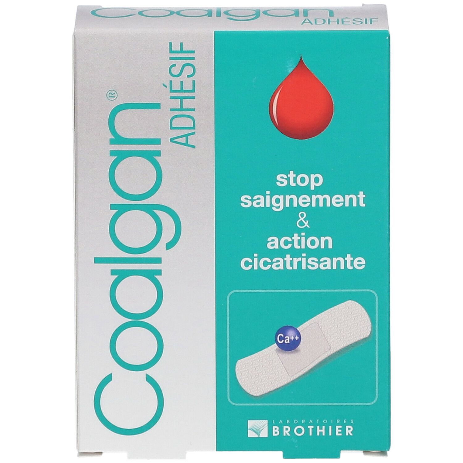 Coalgan Adhésif verpakking. Turquoise en witte doos, rode druppel, pleister illustratie. Tekst: Stop saignement & action cicatrisante. Brothier logo.