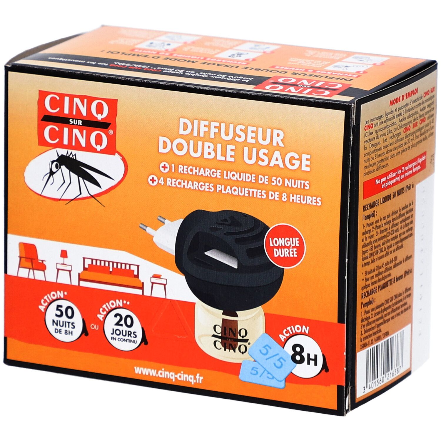 Verpakking van Diffuseur Double Usage Cinq sur Cinq. Bevat 1 vloeibare navulling voor 50 nachten en 4 tabletten navullingen voor 8 uur.