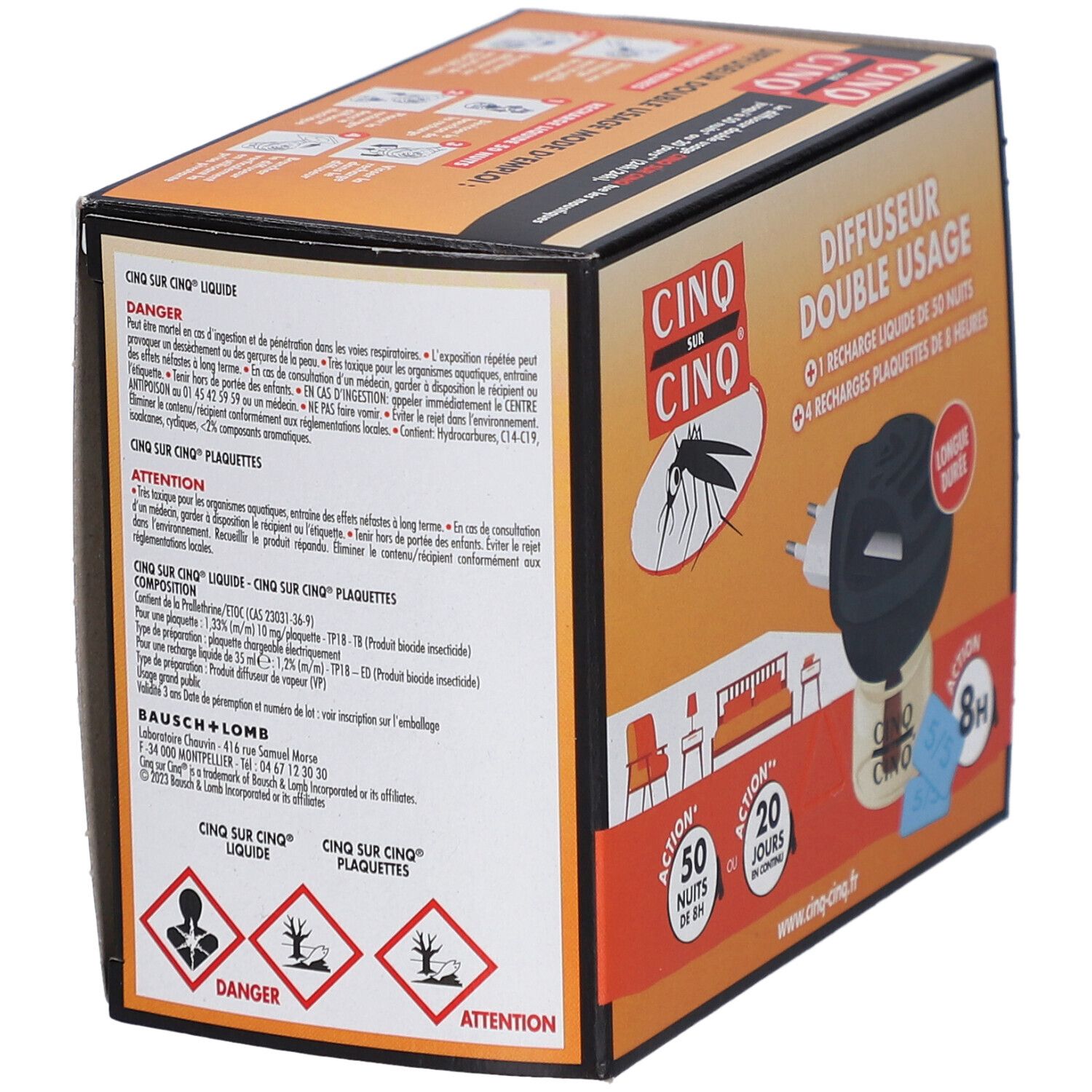 Verpakking van Diffuseur Double Usage Cinq sur Cinq. Bevat 1 vloeibare navulling voor 50 nachten en 4 tabletten navullingen. Tekst en pictogrammen.