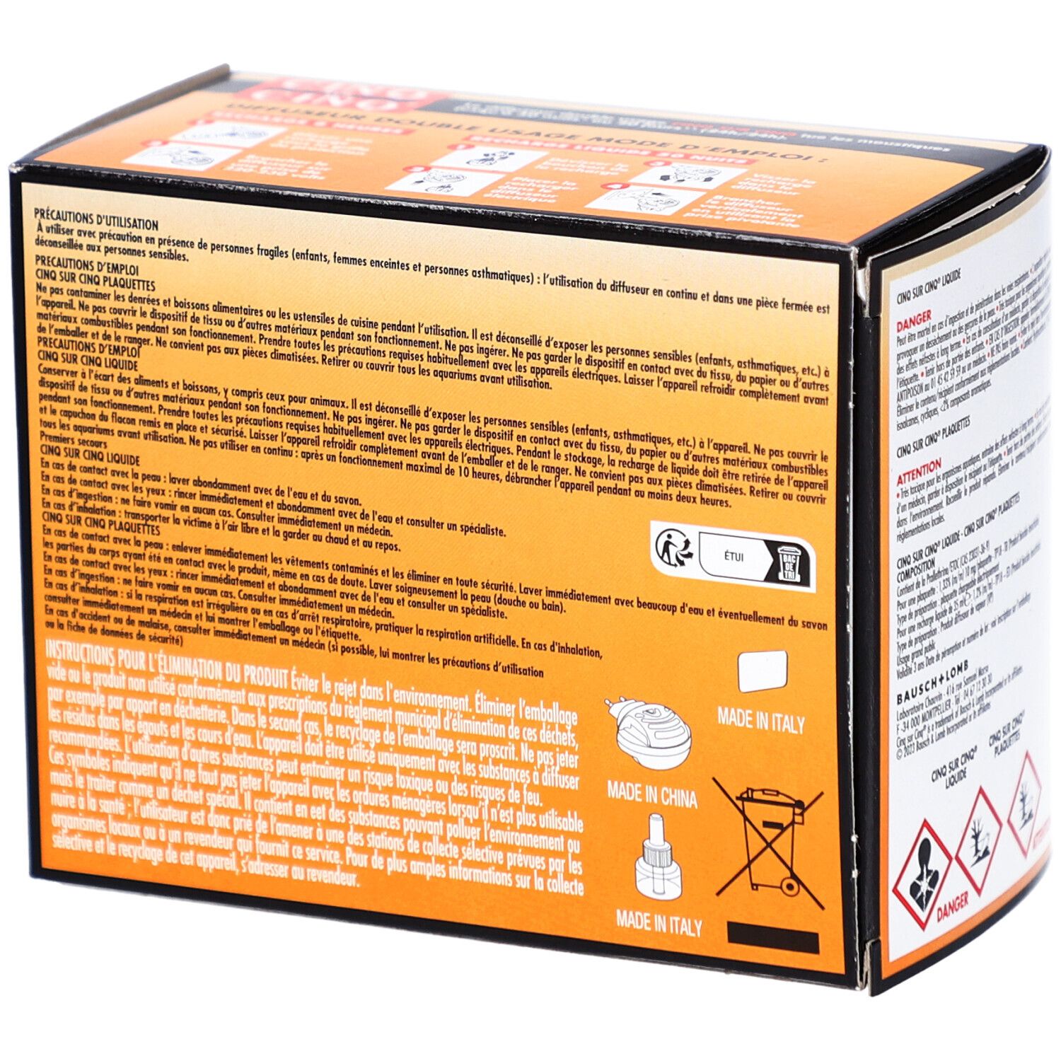 Verpakking van Diffuseur Double Usage Cinq sur Cinq. Bevat 1 vloeibare navulling voor 50 nachten en 4 tabletten navullingen voor 8 uur.