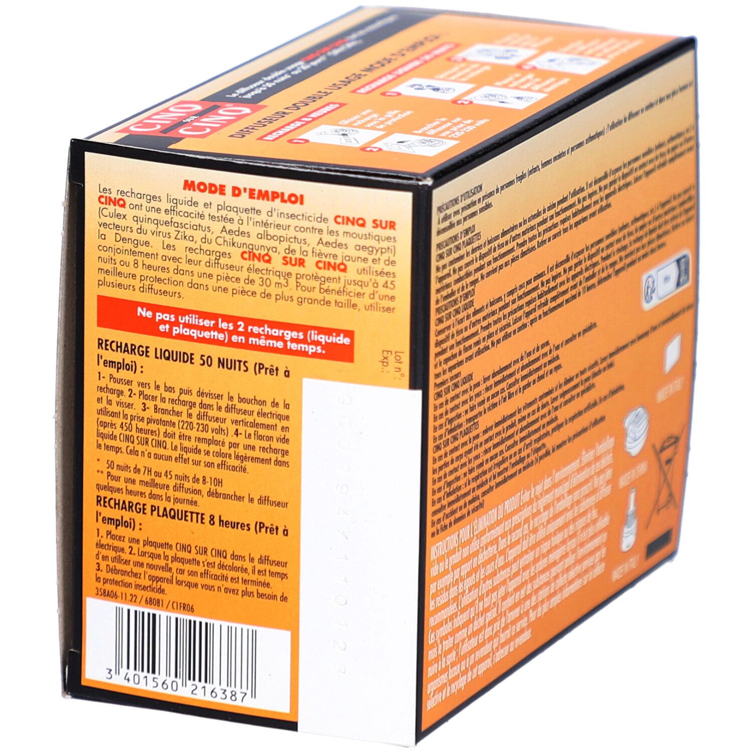 Verpakking van Diffuseur Double Usage Cinq sur Cinq. Bevat 1 vloeibare navulling voor 50 nachten en 4 tabletten navullingen. Tekst en pictogrammen.