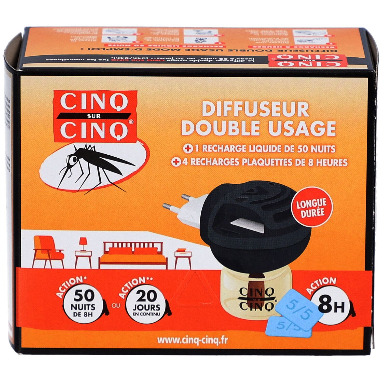 Verpakking van Diffuseur Double Usage Cinq sur Cinq. Bevat 1 vloeibare navulling voor 50 nachten en 4 tabletten navullingen voor 8 uur.