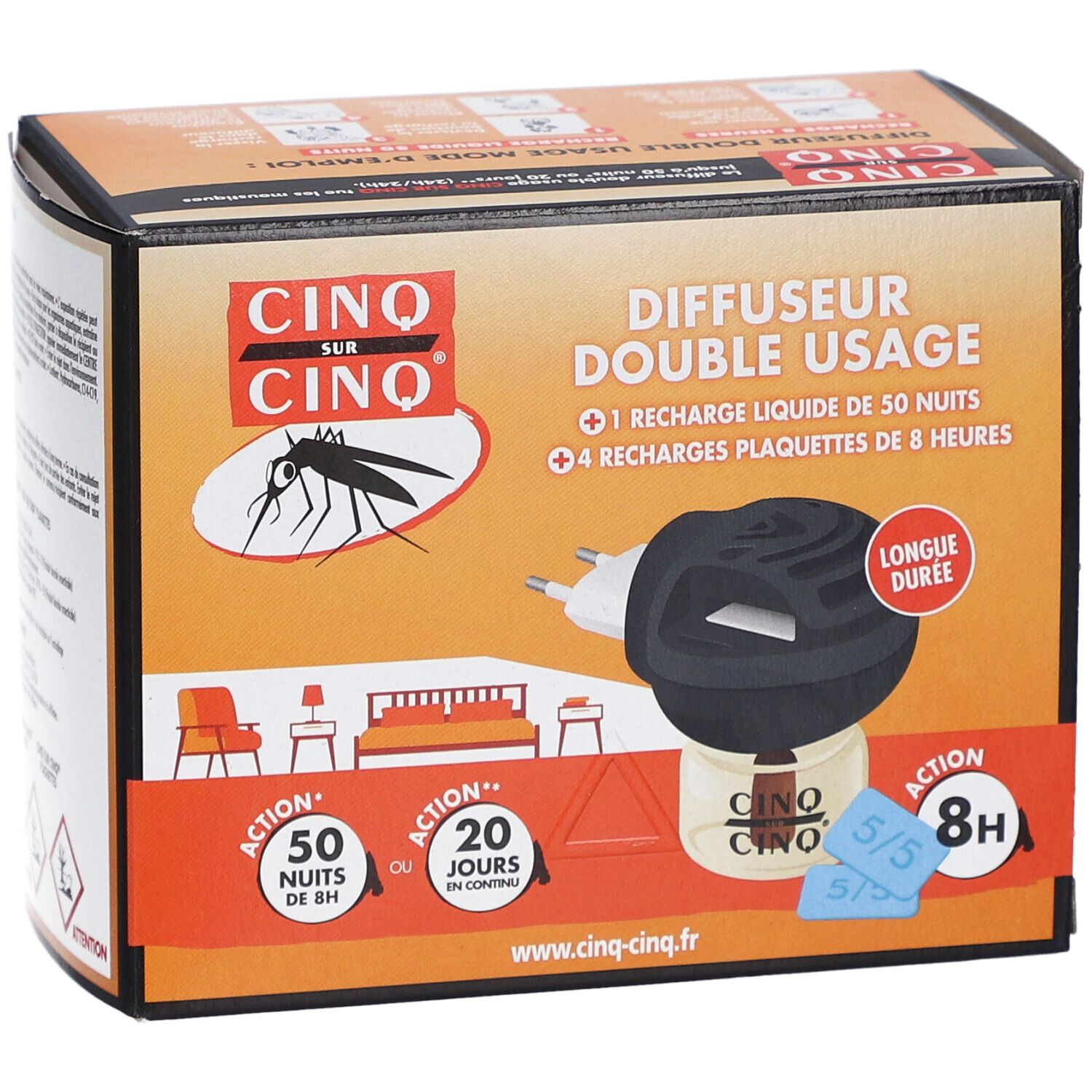 Verpakking van Diffuseur Double Usage Cinq sur Cinq. Bevat 1 vloeibare navulling voor 50 nachten en 4 tabletten navullingen voor 8 uur.