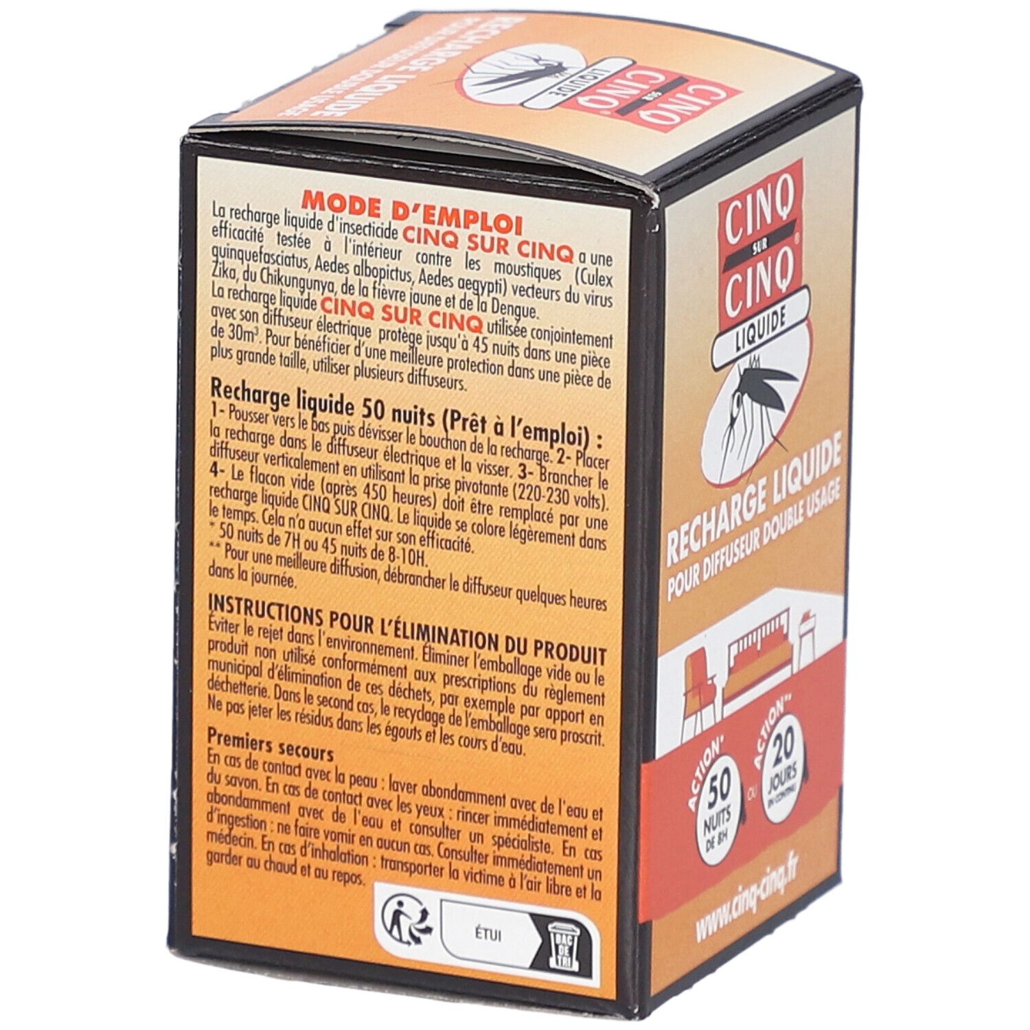 Achterkant van de verpakking van Recharge Liquide Pour Diffuseur Electrique Anti-Moustiques Cinq sur Cinq. Franse tekst.