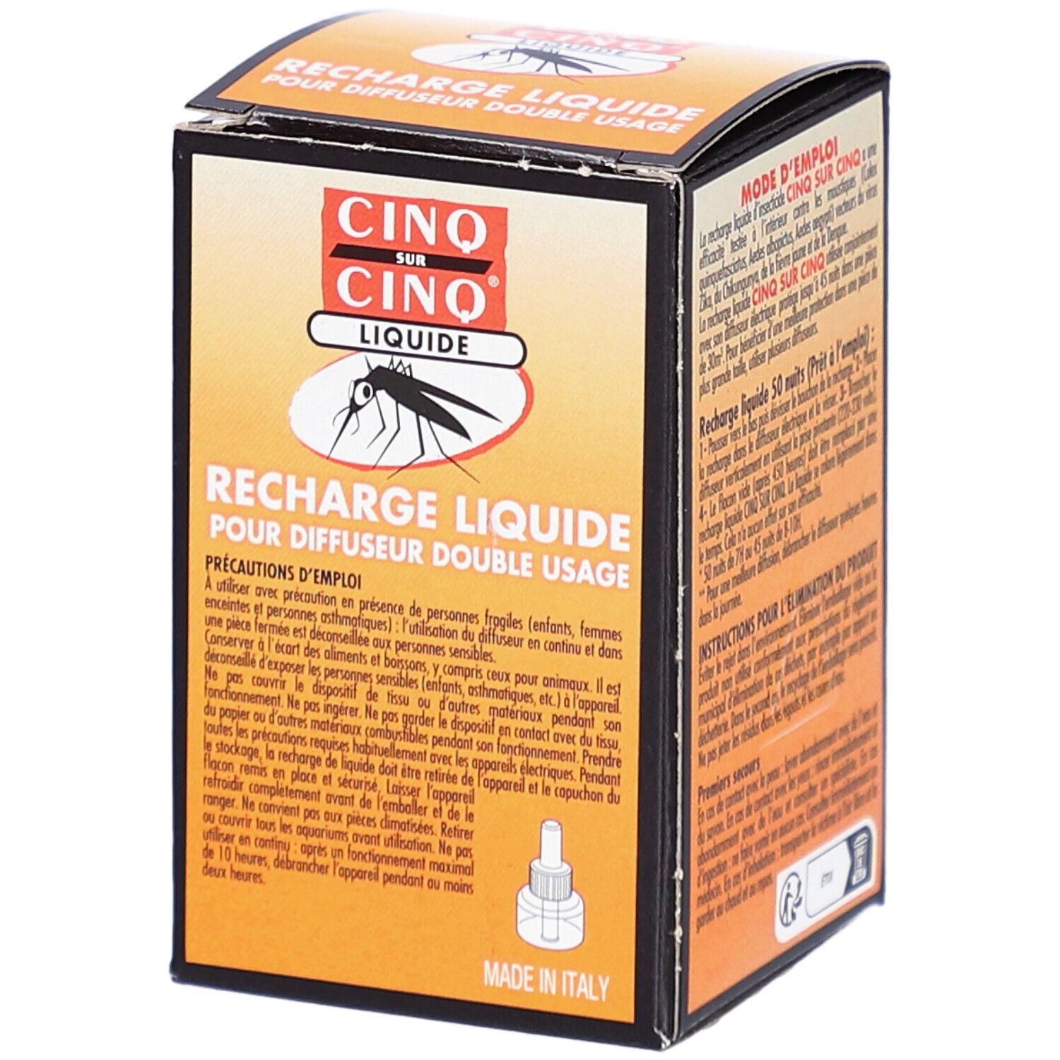 Verpakking van Recharge Liquide Pour Diffuseur Electrique Anti-Moustiques Cinq sur Cinq. Oranje-witte doos met tekst en logo.