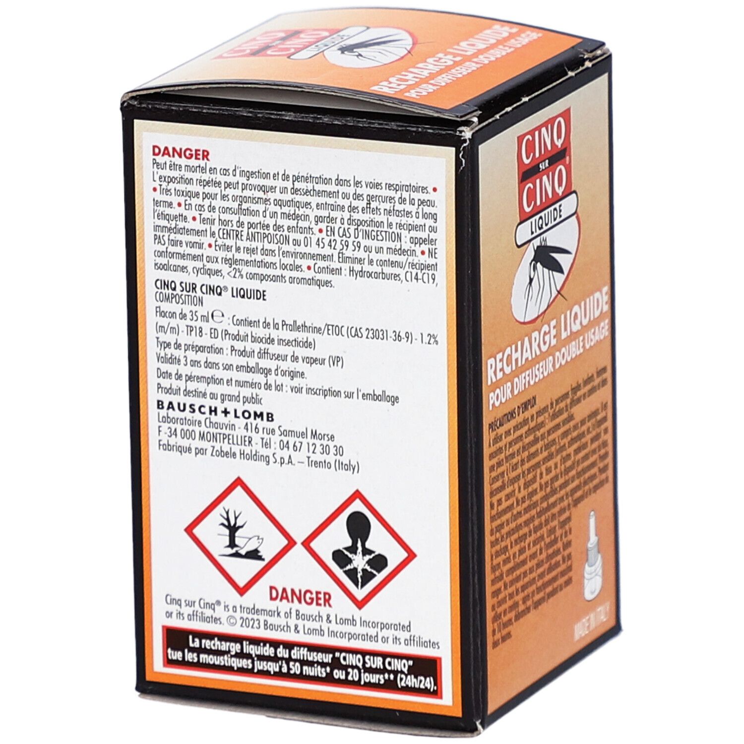 Achterkant van de verpakking van Recharge Liquide Pour Diffuseur Electrique Anti-Moustiques Cinq sur Cinq. Franse tekst.