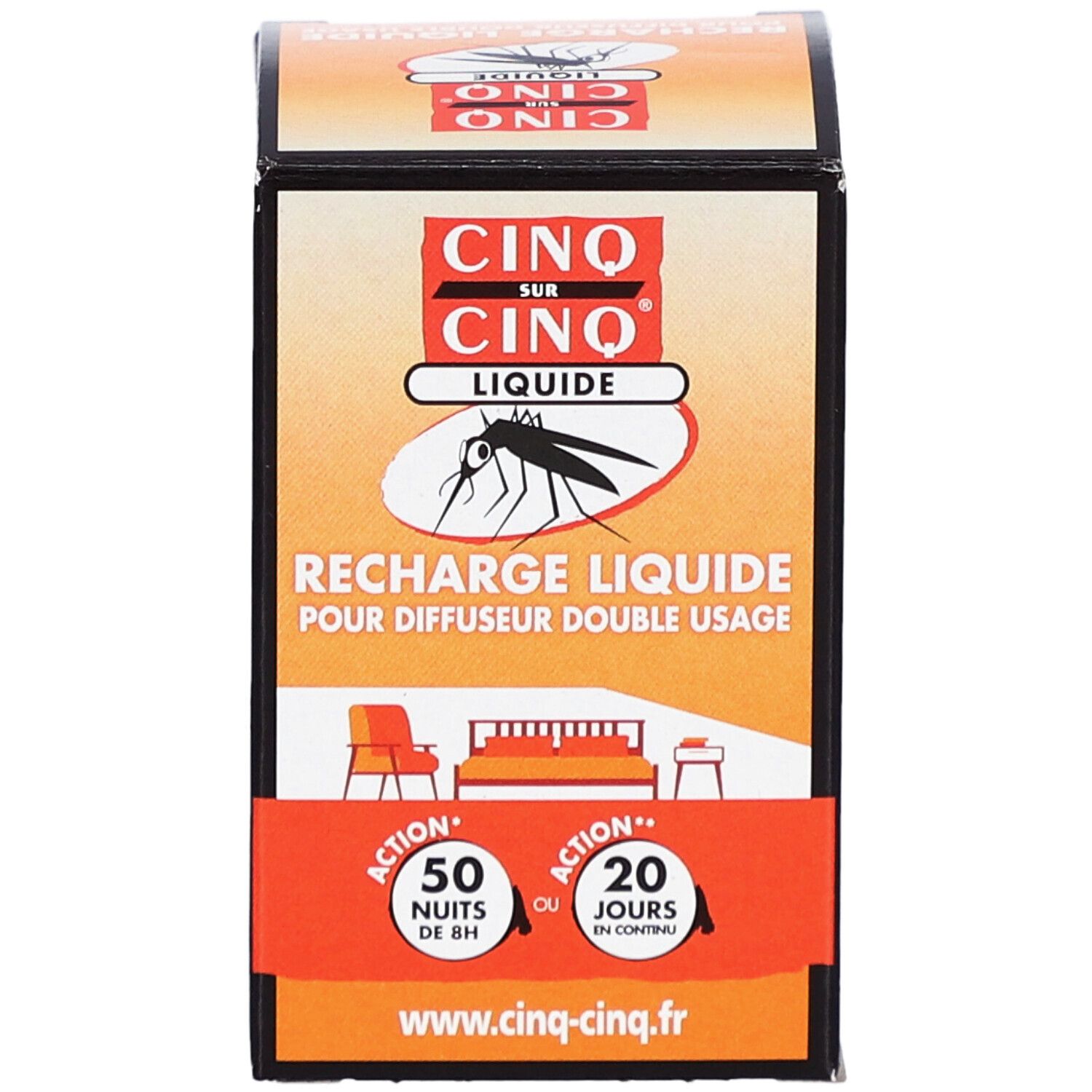 Verpakking van Recharge Liquide Pour Diffuseur Electrique Anti-Moustiques Cinq sur Cinq. Oranje-witte doos met tekst en logo.