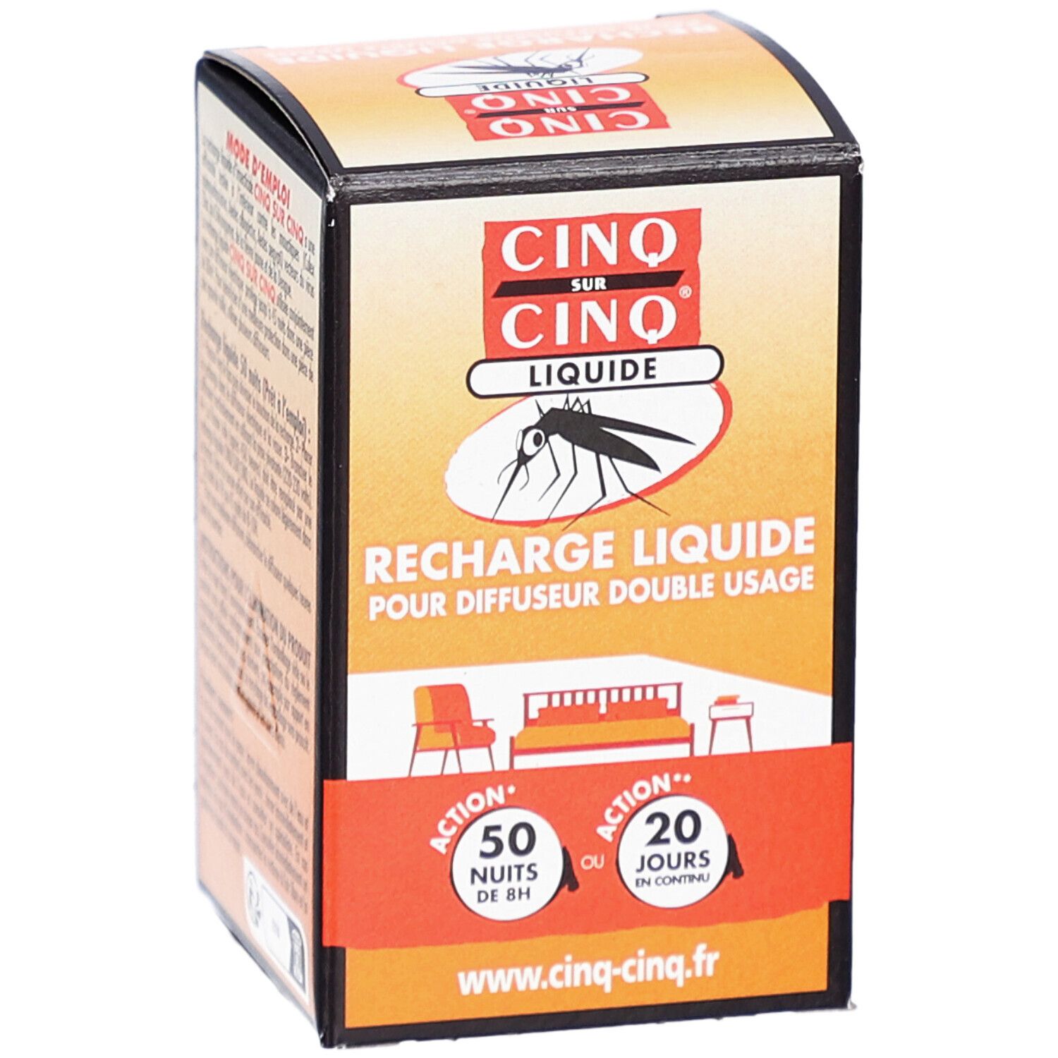 Verpakking van Recharge Liquide Pour Diffuseur Electrique Anti-Moustiques Cinq sur Cinq. Oranje-witte doos met tekst en logo.