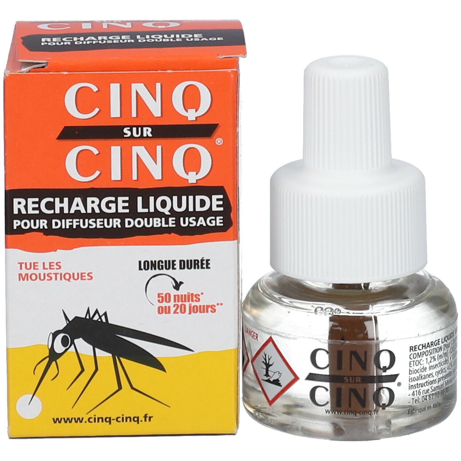 Recharge Liquide Pour Diffuseur Electrique Anti-Moustiques Cinq sur Cinq en verpakking. Fles en doos.
