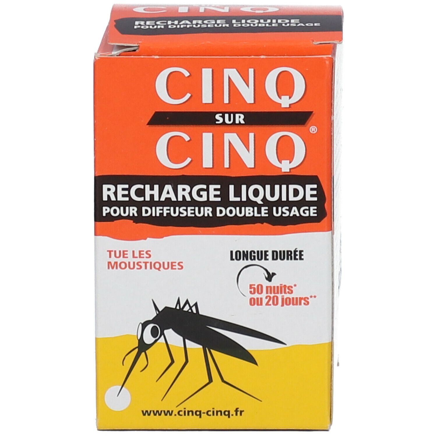 Verpakking van Recharge Liquide Pour Diffuseur Electrique Anti-Moustiques Cinq sur Cinq. Oranje-witte doos met tekst en logo.