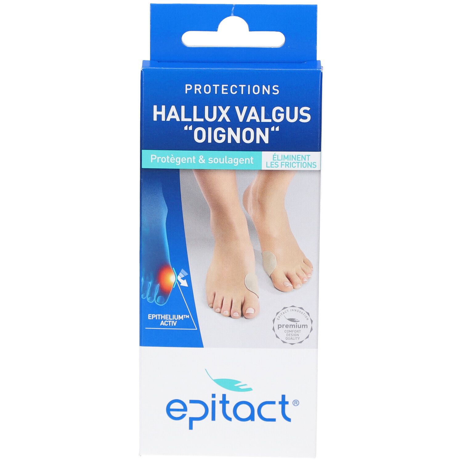 Verpakking Epitact Hallux valgus pleisters. Blauw-witte doos met productafbeelding en tekst.