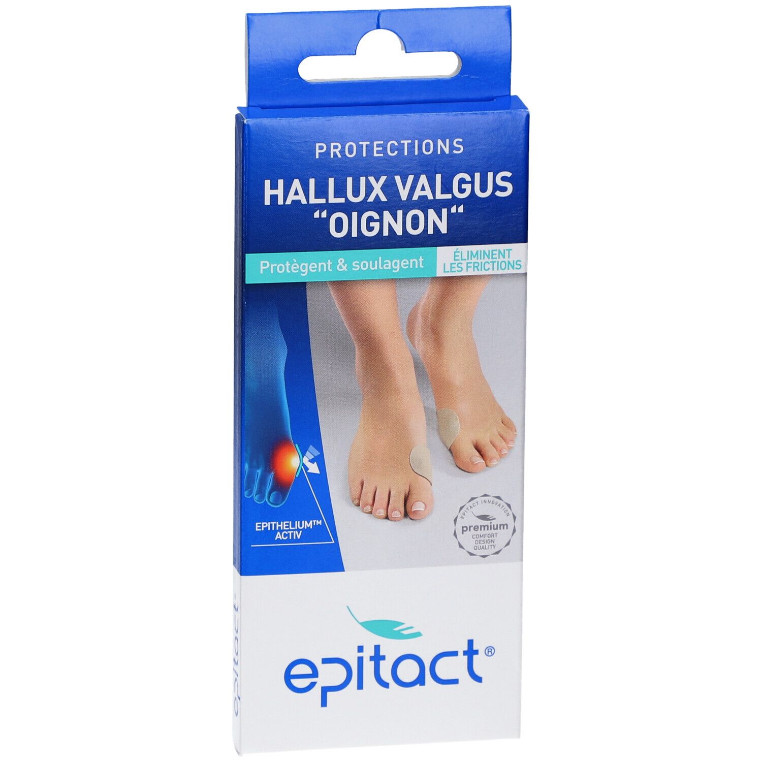 Verpakking Epitact Hallux valgus pleisters. Blauw-witte doos met productafbeelding en tekst.