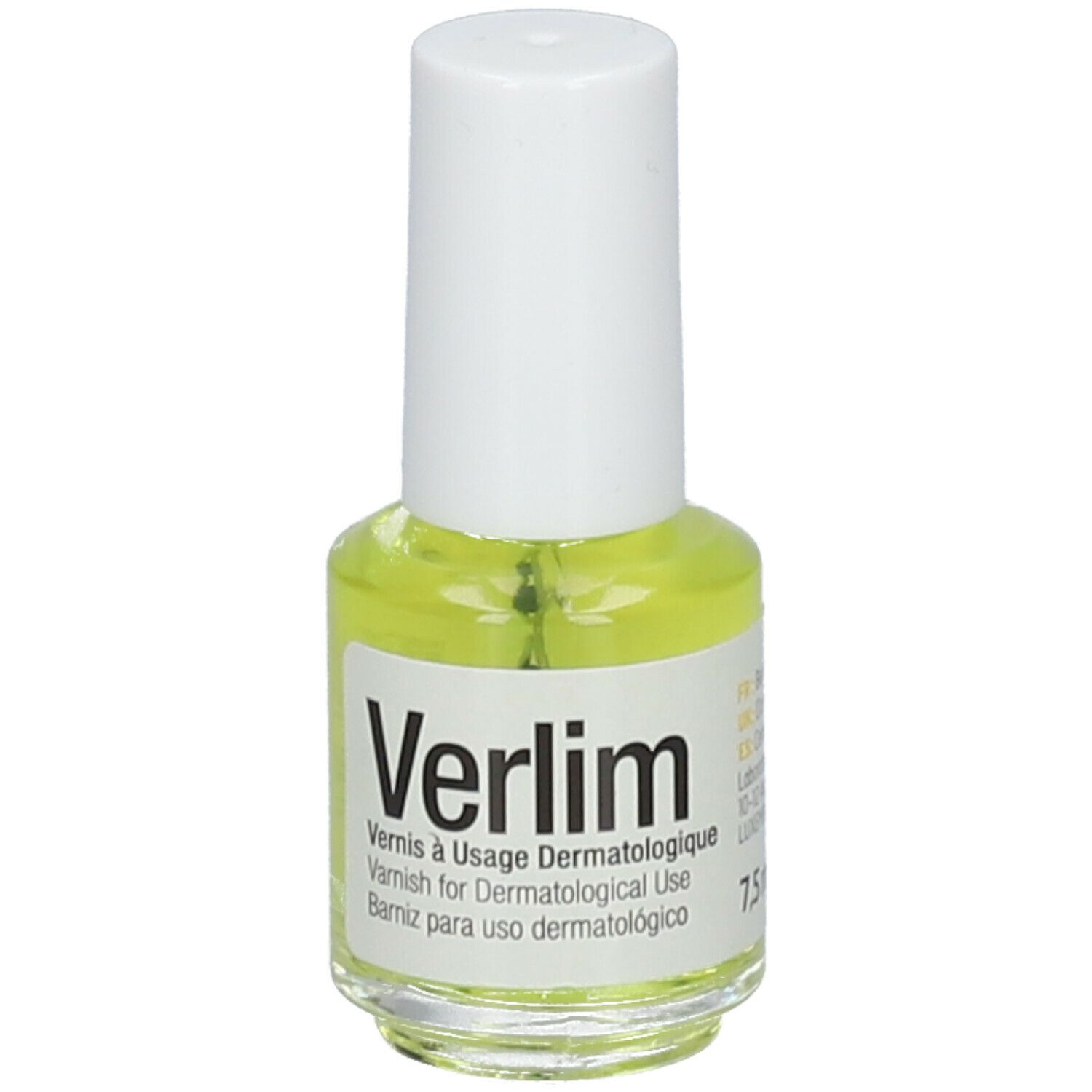 Flacon de vernis jaune clair avec bouchon blanc. Inscription: Verlim, Varnish for Dermatological Use.